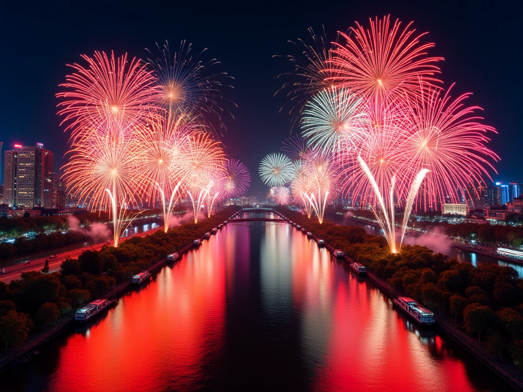 (masterpiece: 1.3), (8k, photorealistic, RAW photo, best quality: 1.4), fireworks, (( river, bangkok Thailand)) , happy new year 2025, camera angle from top