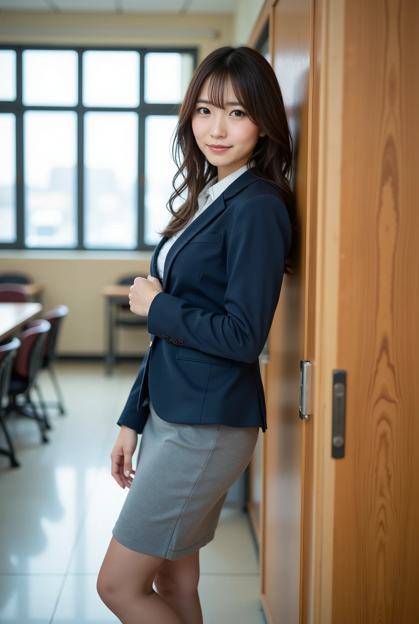 ( realistic:1.3, like the picture:1.5, RAW photos , Model Photo), Magazine cover photo, She's a Japanese fresh fashion model , The perfect figure everyone admires , ( small smile :1.1), symmetrical eyes, with rings , double eyelid , thin eyebrows on boots, thin lips, glossy lips , white skin, Thin legs, thin legs , (Ultra-detailed skin:1.2), toned skin , (realistic skin:1.2), ( super detailed eyes:1.2), (cute makeup:1.5), ( cute face:1.3),
break,
( 1 girl, Alone:1.3, 20 years old:1.3), ((Extremely detailed beautiful breasts , D cup breasts):1.3), (Hard chest, beautifully shaped breasts), ((Half-up hairstyle:1.5, long hair:1.3)), no bangs , full body shot、
break,
(High school teacher uniform :1.3), ( pencil skirt (color : grey)):1.2, ( white blouse, suit jacket (color : navy), ( black stockings, Stiletto heels)):1.3),
break,
(( She's standing in front of her classroom door , close the door, and look back with an enchanting expression ):1.5)
break,
(( upper body shot :1.3)),