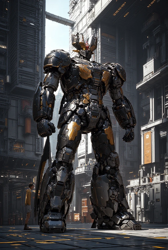   A very realistic smart version of Mazinger Z with the latest design and full body refinement, It stands at a massive height of 98 meters .  constructed with modern materials such as steel ,  Carbon Fiber ,  other industrial elements are also visible ,  just like the real thing , Rugged exterior .  and is set in a large indoor plant facility maintenance shop ,  the appearance of Mazinger Z standing around ,  illuminated by natural light 、Realistic shadows and accentuated massive structures using Gundam technology . The floor emits fine LED light 