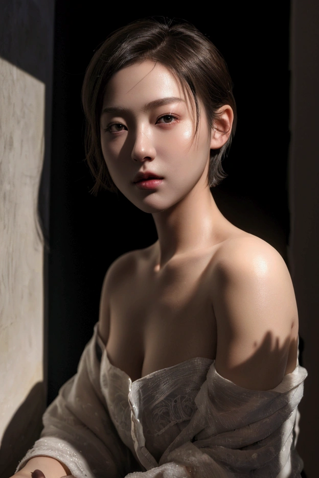 top-quality、masterpiece、超A high resolution、(Photorealsitic:1.5)、Raw foto、1girl in、murky、deep-shadows、Unobtrusive、cold light、sexy appearance、shorth hair、((very_short_hair)), naked portrait, nude photography, shiny nipple