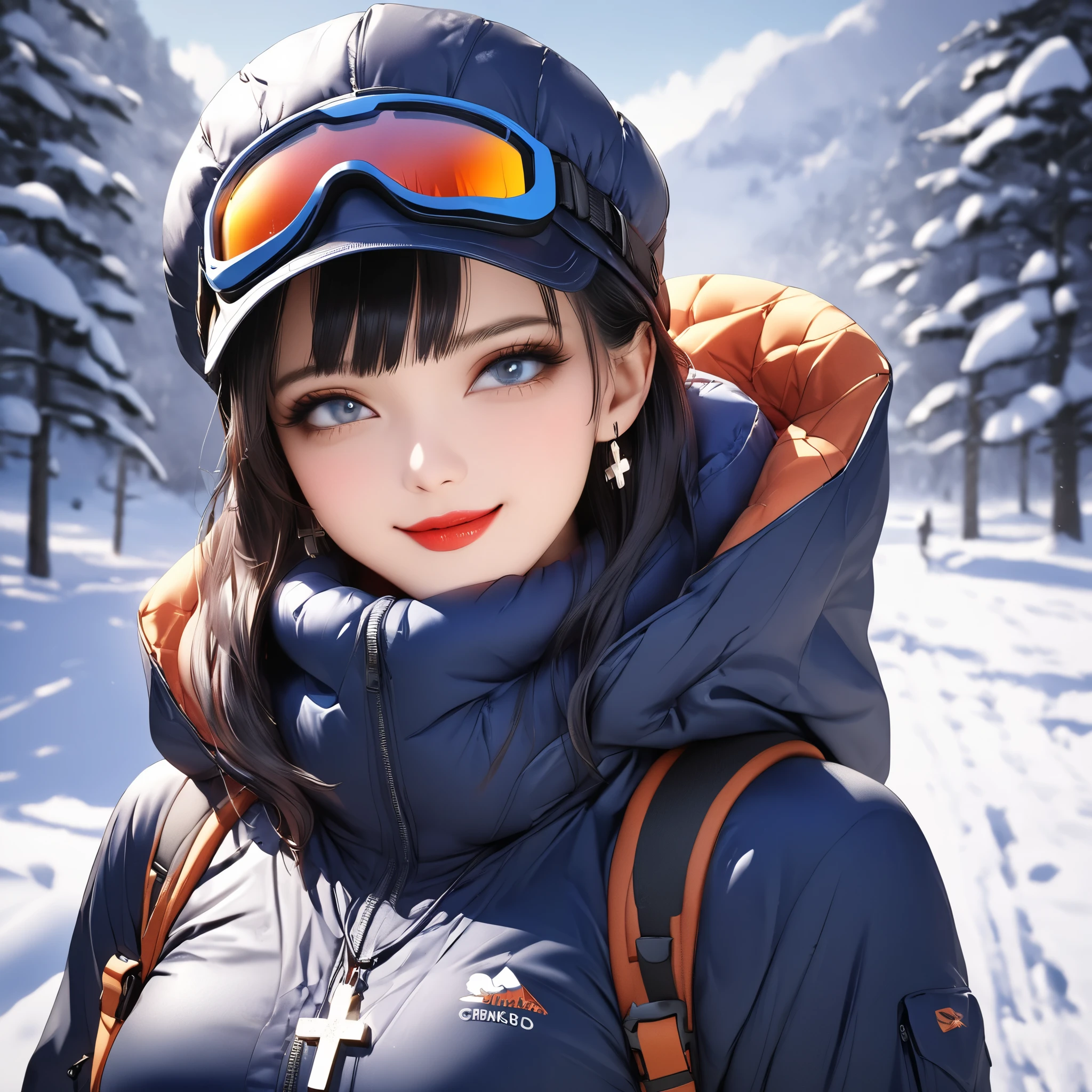 portrait quality, 8k,masterpiece, CGSTATION, hyper CG style, A 8k anime drawing style, 3D rendering, INTRICATE, hyper detailed, blue eyes, dark purple hair, hair long, MISATO KATSURAGI, medium bust, shiny skin, 27 years old, a woman, navel, sensual smile, red lips, super detailed skin, super beautiful eyes, cross necklace, gorgeous girl, full-body photo to see her gorgeous legs, gorgeous body, gorgeous face, full body photo, she is alone, She is wearing a waterproof and windproof jacket. An insulated, waterproof and hooded jacket is essential to protect yourself from snow and wind.
Waterproof pants: Ideal for keeping legs dry and protecting against snow. Hat or cap: It should cover the ears and be made of warm materials such as wool or fleece.
Scarf or neck gaiter: Wool or fleece to protect the neck and part of the face from the cold.
Waterproof Gloves: Insulated to keep hands warm and dry.
Thermal socks: Made of thick wool or synthetic material, avoiding cotton, which retains moisture. Waterproof winter boots: With good thermal insulation, snow goggles: To protect your eyes from the snow, Carry a backpack with spare clothes, Opt for bright or bright colors