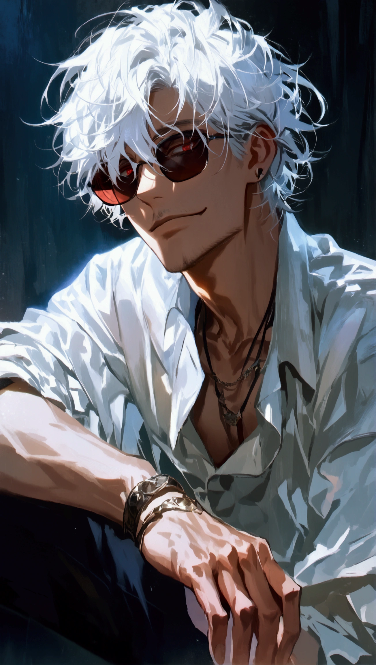 (solo), (1 male), (1 man), handsome men, (one man with white hair, red eyes), Bob hair, messy hair, sunglasses,((masterpiece)), (dark background: 1.3), (stylish), dynamic angle, (detailed face, detailed eyes, proportional hands, proportional anatomy), sitting in a relaxed pose, sinister atmosphere, a nihilistic smile