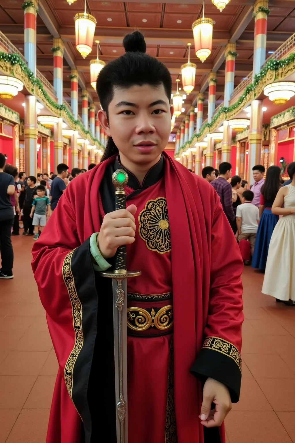 A 30-year-old Thai man stands confidently in the middle of a luxurious New Year’s celebration, dressed in a striking outfit inspired by Chinese wuxia (martial arts) warriors. His attire consists of a flowing red and black robe with intricate golden embroidery, cinched at the waist with a wide black leather belt adorned with silver accents. A long, crimson silk scarf is wrapped around his neck and flows behind him dramatically, while his hair is tied back in a sleek, traditional warrior’s topknot. He wears green jade bracelets on both wrists, symbolizing strength and elegance. His pose is poised and commanding, with one hand resting lightly on the hilt of a decorative sword hanging at his side, projecting an air of readiness and grace. The backdrop is a grand New Year’s event, glowing with shimmering lanterns, ornate decorations, and a beautifully lit stage. The festive atmosphere and vibrant colors complement his heroic and refined presence, creating a scene of timeless elegance and strength.

