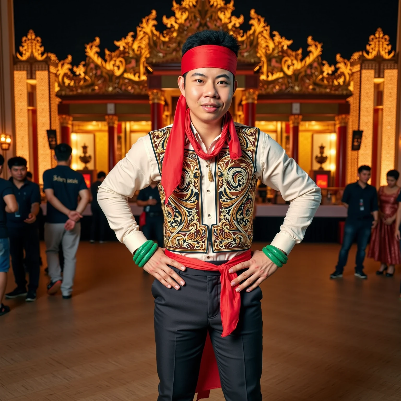 A 30-year-old Thai man stands confidently in the middle of a luxurious New Year’s celebration, dressed in a stylish outfit inspired by characters from traditional Thai folklore dramas. His attire features a fitted, embellished shirt with intricate gold and silver designs, paired with tailored trousers and a flowing red silk sash tied at his waist. A bold red silk scarf is wrapped around his head in a warrior-like style, adding a striking and heroic flair. He wears jade green bracelets on both wrists, complementing the regal aesthetic. His stance is strong yet approachable, with his hands resting lightly on his hips, exuding an aura of strength and charm. The backdrop is a grand New Year’s event, glowing with shimmering lights, ornate decorations, and a beautifully lit stage. Elegantly dressed guests and festive surroundings enhance the majestic and celebratory atmosphere, perfectly matching his bold and commanding presence.

