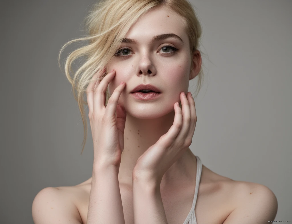 "Ultra-realistic portrait of Elle Fanning styled as a Playboy model, wearing a tasteful bikini, with high-resolution texture detail on skin and fabric. Implement soft studio lighting with key light to enhance facial features and create depth, complemented by fill lights for shadow management. Use a DSLR camera simulation with a 50mm lens for natural perspective and shallow depth of field focusing on her face. Ensure the pose is natural, capturing a candid moment of her looking towards the camera with a playful yet sophisticated expression. Apply HDR techniques for dynamic range, ensuring the colors are vibrant yet skin tones remain authentic. The setting should mimic an upscale, minimalist photoshoot backdrop to keep all focus on her."