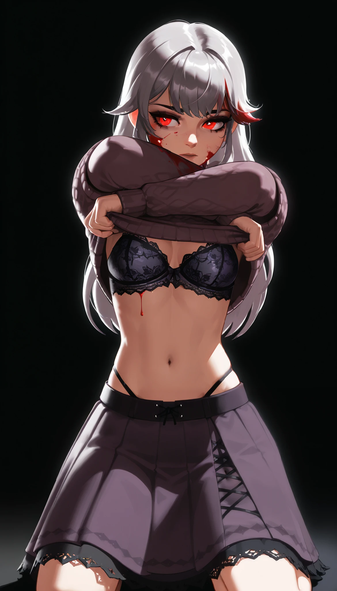 Best Quality, (Masterpiece:1.2), High Detailed, Cat Ears, 1girl, solo, tojo koneko, looking at the viewer, closed mouth, light smile, red eyes, white hair, short hair, hair decoration, cleavage, black neckband, erotica, sleeveless, (close-up), bare legs, (((bloody, scared, blood))), healthy skin, ((bra)), (((punished, punishment, pain))), (prison cell), ((nsfw)), ultra-detailed eyes