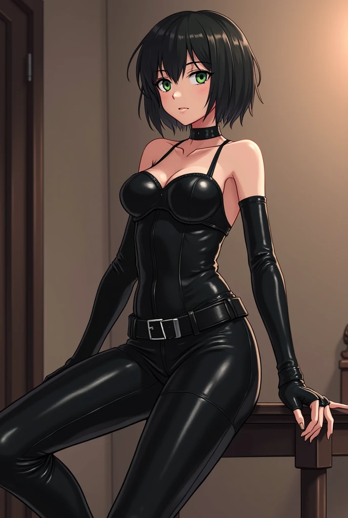 score_9, score_8_above, score_7_above, score_6_above, score_5_above, score_4_above, cowboy shot, partition wall, 1 girl, serious expression, angry look, Short black ponytail hair, ww chain, open legs, arms outstretched, choker:1.6, (white collar on down long sleeve shirt), black gloves, gloves that cover hands, (black leather corset), (shiny black leggings), Dungeon, Best Quality, better resolution, 4k HD,