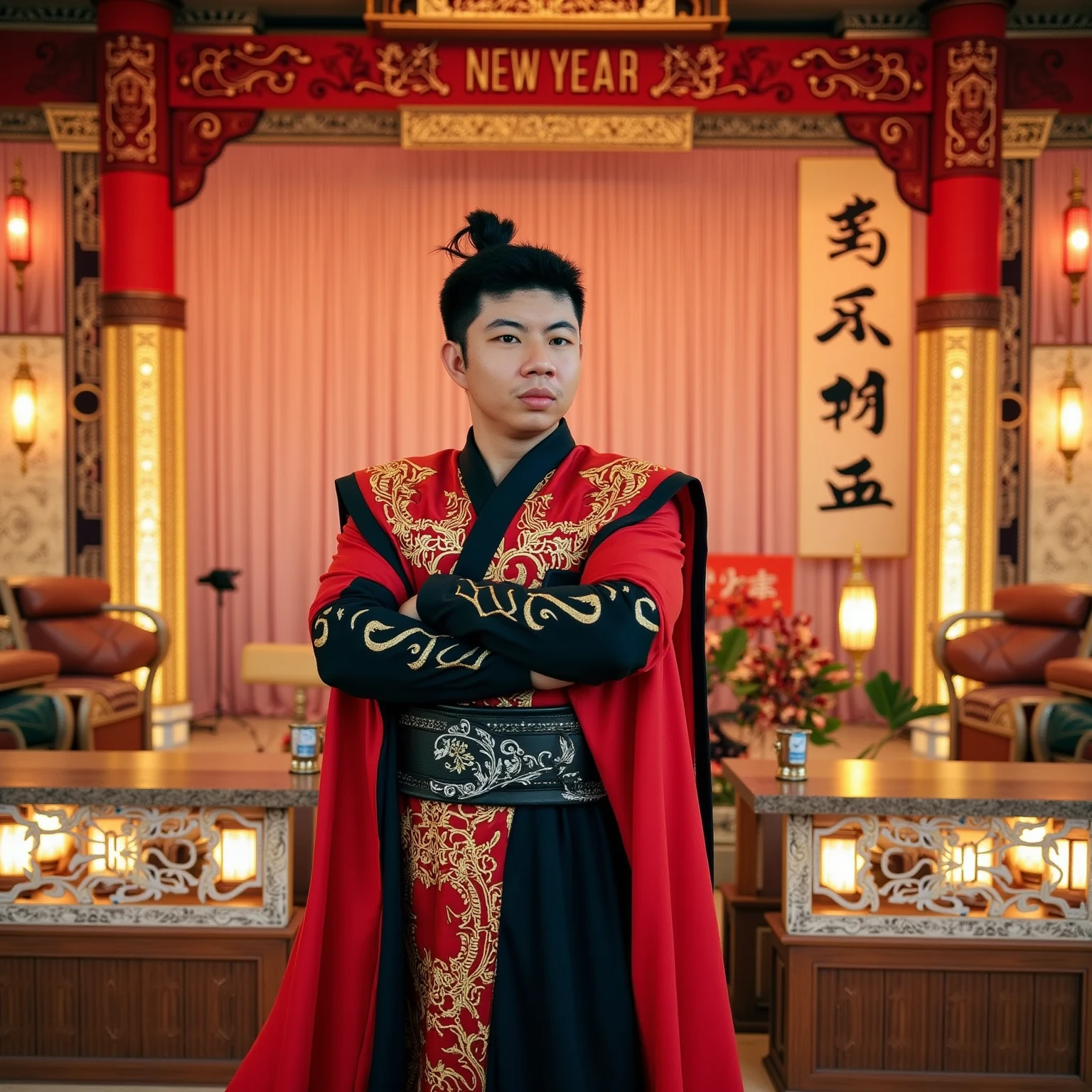 A 30-year-old Thai man stands confidently in the middle of a luxurious New Year’s celebration, dressed in a striking outfit inspired by Chinese wuxia (martial arts) warriors. His attire features a flowing red and black robe with intricate golden embroidery, cinched at the waist with a wide black leather belt adorned with silver accents. His forearms are protected by sleek, intricately designed steel bracers, adding a touch of martial elegance and strength. His hair is neatly tied back in a traditional warrior’s topknot, exuding simplicity and authority. His stance is poised and commanding, with one hand resting lightly on the hilt of a decorative sword hanging at his side, reflecting readiness and dignity. The backdrop is a grand New Year’s event, glowing with shimmering lanterns, ornate decorations, and a beautifully lit stage. The vibrant and celebratory atmosphere perfectly complements his heroic and regal presence, creating a scene that blends festive grandeur with timeless martial artistry.

