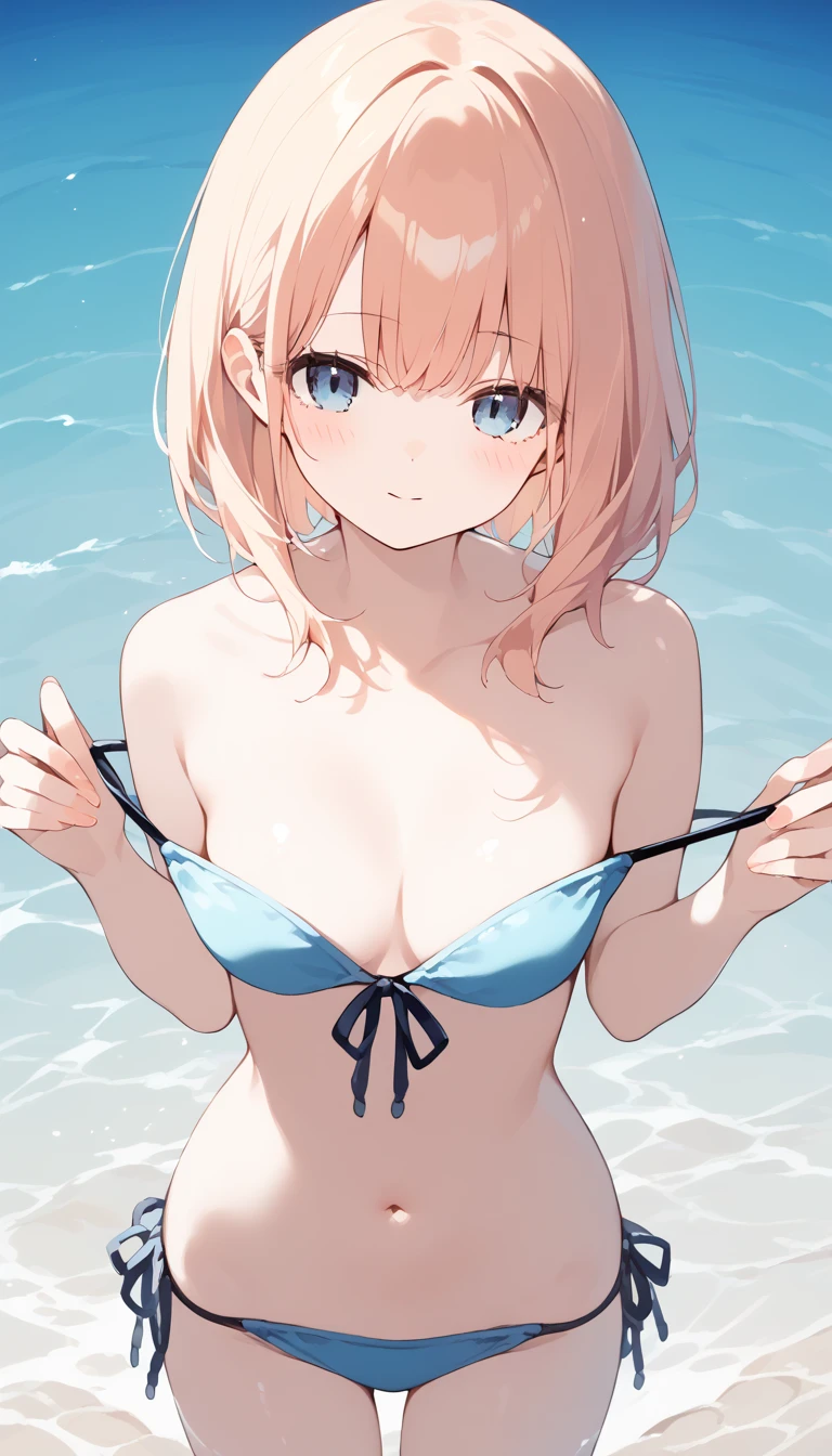 Four big breasted sisters in cute lingerie and cute bras、Cute white bra with ribbon、White and light blue checkered bra、Cute orange bra、White underwear with cute ribbon、White and light blue striped pants、Cute orange underwear、Sandy Beach, Calm, Clear sea and blue sky、Pink floral bra、Pink floral underwear、barefoot