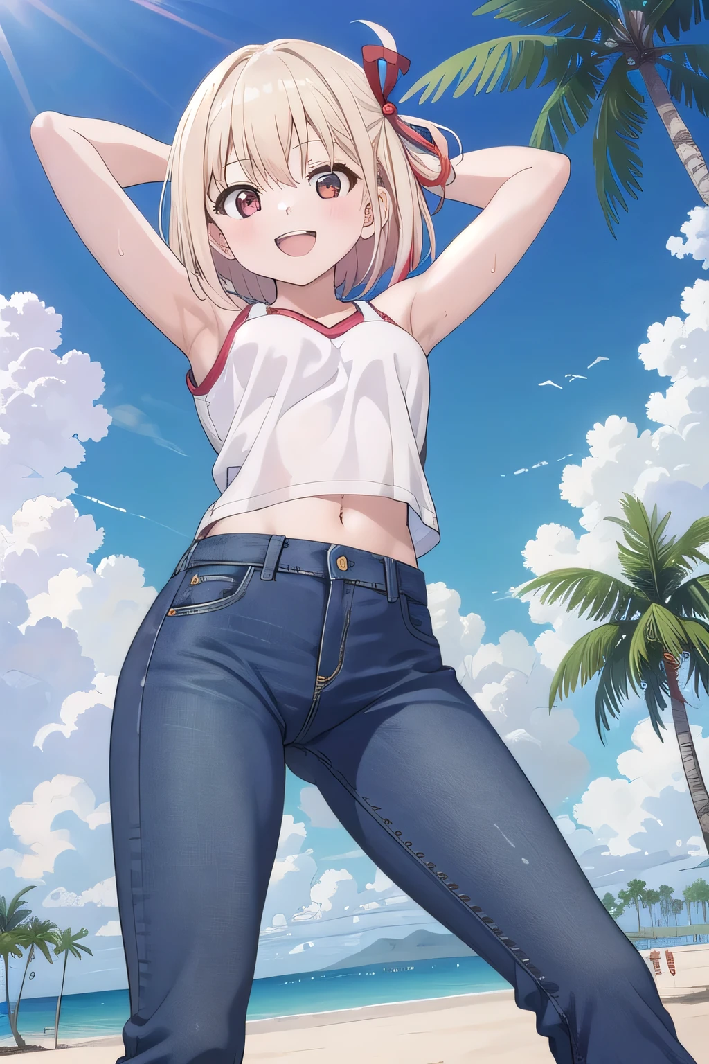 masterpiece,best quality,ultra detail,1girl, 14yo, petite, smile happily, Open mouth, white teeth, background((under the beach, (day:1.2), palm tree, bright sky)), chisato nishikigi, short hair, bangs, blonde hair, (red eyes:1.5), hair ribbon, one side up, bob cut, arms behind head, contrapposto, spread armpits, looking at viewer,, White tank top, White crop top, jeans, blue pants, (flares jeans 1:1), blue jeans, standing, (legs spread:3:1), sex pose, Sweaty crotch, Steam from the crotch, from below, full medium body