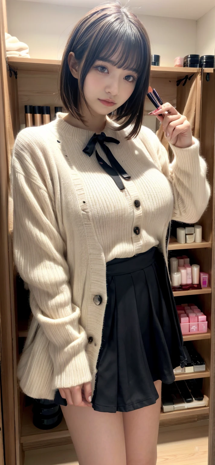 (((8k、High resolution、Highest quality、High resolution)))alone、Natural body shape、White skin、Natural Makeup、Black Hair、bangs、Straight Long Hair、、((High School Uniform)) 、((Beige cardigan、white collared long sleeve blouse))、((Red checkered pleated skirt))、(red school ribbon)、、(Big Breasts:1.3)、((The upper body is wearing a uniform))、(((((Looking into the camera)))))、(((Head to shin portrait)))、(((Exposing your thighs)))、Bedroom、On the bed、Sit with your legs apart、((Focus on the crotch))、White socks