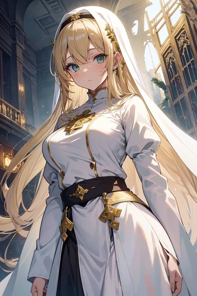 4K,High resolution,One Woman,Blonde,long hair,Braid,Green Eyes,Big Breasts,Nuns,White sacred armor,Sideboob,White boots,White Veil,Black tights,Jewelry decoration,Gold decoration,Long sword,Medieval town,In front of the church,Daytime Sky