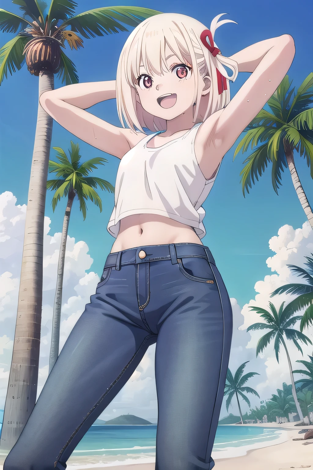 masterpiece,best quality,ultra detail,1girl, , peti smile happily, Open mouth, white teeth, background((under the beach, (day:1.2), palm tree, bright sky)), chisato nishikigi, short hair, bangs, blonde hair, (red eyes:1.5), hair ribbon, one side up, bob cut, arms behind head, contrapposto, spread armpits, looking at viewer,, White tank top, White crop top, jeans, blue pants, (flares jeans 1:1), blue jeans, standing, (legs spread:3:1), sex pose, Sweaty crotch, Steam from the crotch, from below, full medium body