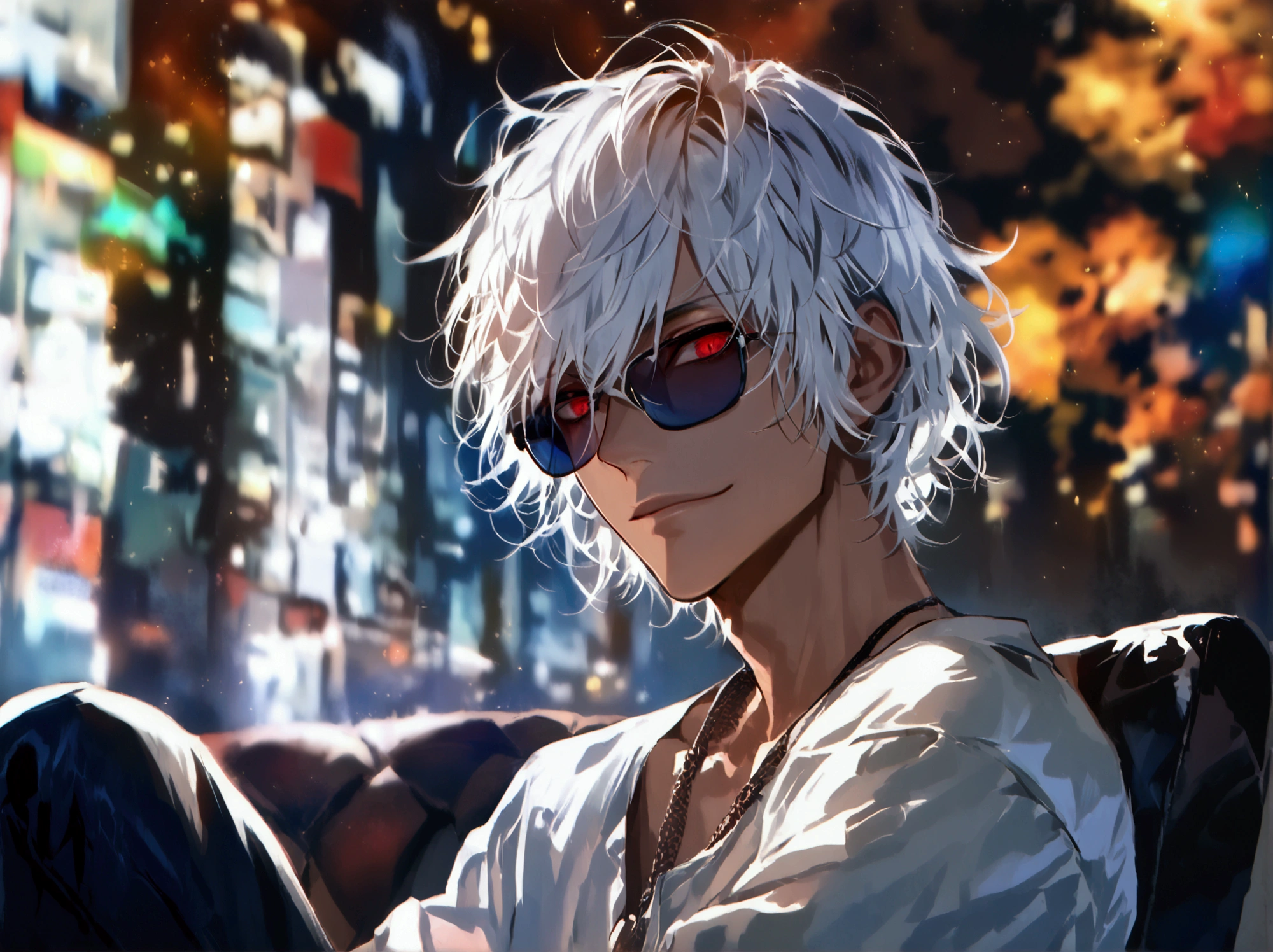 (solo), (1 male), (1 man), handsome men, (one man with white hair, red eyes), Bob hair, messy hair, sunglasses,((masterpiece)), (dark background: 1.3), (stylish), dynamic angle, (detailed face, detailed eyes, proportional hands, proportional anatomy), sitting in a relaxed pose, sinister atmosphere, a nihilistic smile