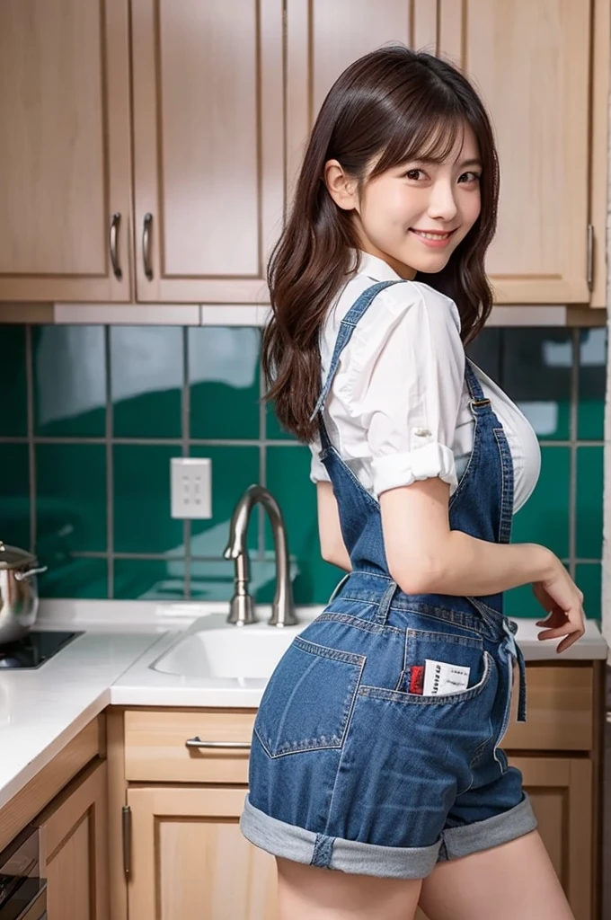 Highly detailed CG Unity 8k wallpaper, top quality, super detailed, masterpiece, realistic, photorealistic, highly detailed cute girl, 25 years old, (Denim short:1.3), (apron) , smile, parted lips, round eyes, large breasts, viewer, half body shot , kitchen , cooking , side ponytail , ass shot