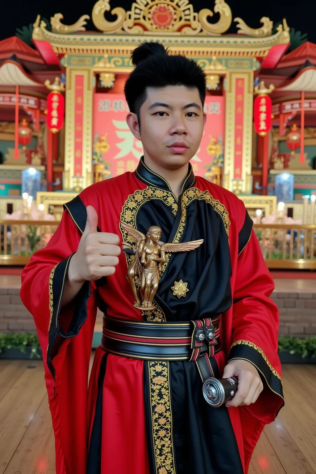 A 30-year-old Thai man stands confidently in the middle of a luxurious New Year’s celebration, dressed in a striking outfit inspired by Chinese wuxia (martial arts) warriors. His attire features a flowing red and black robe with intricate golden embroidery, cinched at the waist with a wide black leather belt adorned with silver accents. His forearms are protected by sleek, intricately designed steel bracers, adding a touch of martial elegance and strength. His hair is neatly tied back in a traditional warrior’s topknot, exuding simplicity and authority. His stance is poised and commanding, with one hand resting lightly on the hilt of a decorative sword hanging at his side, reflecting readiness and dignity. The backdrop is a grand New Year’s event, glowing with shimmering lanterns, ornate decorations, and a beautifully lit stage. The vibrant and celebratory atmosphere perfectly complements his heroic and regal presence, creating a scene that blends festive grandeur with timeless martial artistry.

