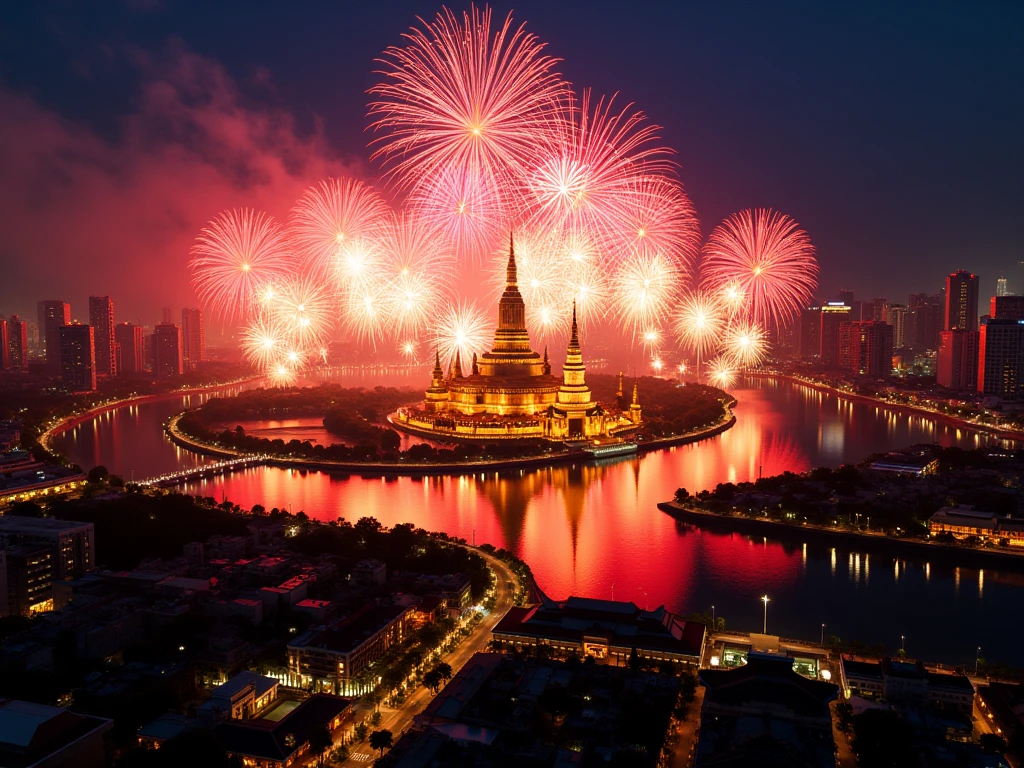 (masterpiece: 1.3), (8k, photorealistic, RAW photo, best quality: 1.4), fireworks, ((royal grand palace Thailand, chao phraya river, bangkok skyline)), happy new year 2025, camera angle from top