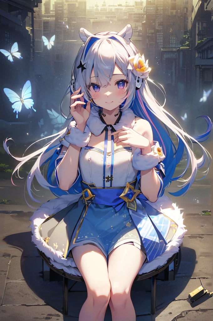  cute, Cute, attractive girls, smile, (flower, wind,  clear , Sparkling:1.2), ( high details, ultra  hard disk quot , absurd ,employment, ultra-detailed,最 High Quality , High Quality ,  fur headset  ,masterpiece, hard disk ,, Refined Details , perfect detail,Tangle:1.3),
 beautiful detailed hands, perfectly drawn hands 、sit、Butterflies on background々Dance