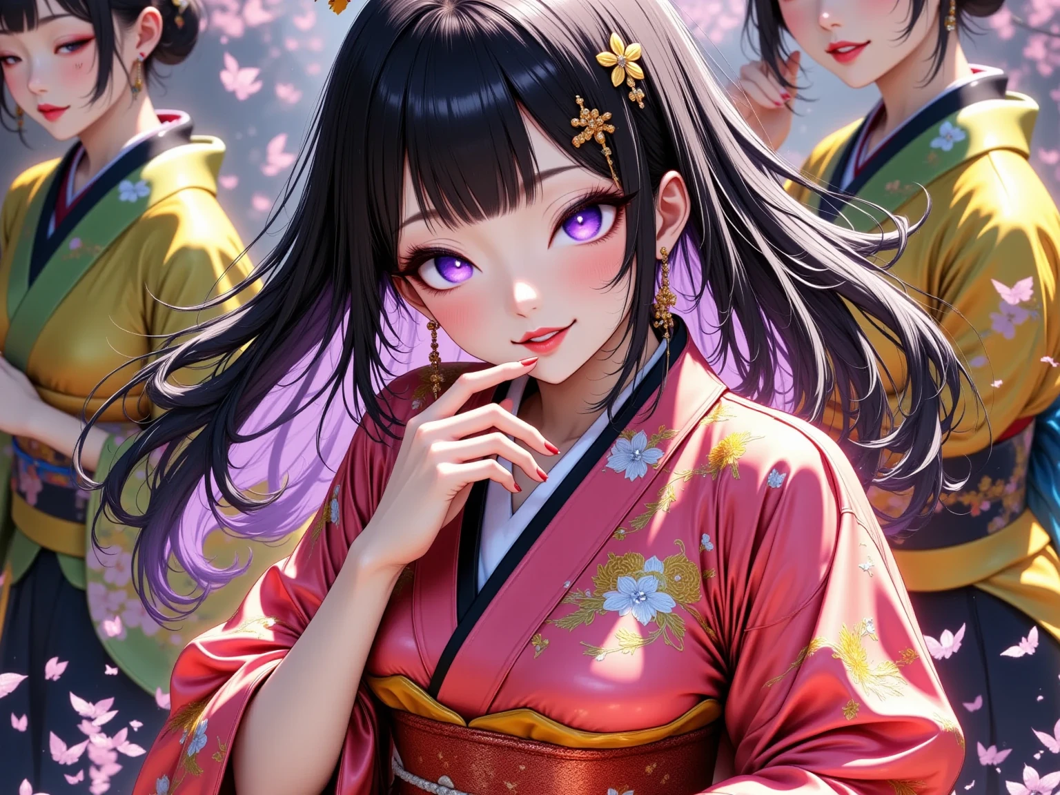  New Year's party scene , multiple beautiful young women ,(masterpiece:1.3, top quality :1.3, very detailed depiction:1.3, Incredible High Definition :1.3,High quality anime drawings),,( brightly colored Japanese kimono :2.0,Vibrant embroidery),( purple eyes, half-closed eye , flashy makeup, black hair, glossy lips, big breasts,Beautiful legs,High quality skin, smiling happily),( scene eating food ,Everyone is eating mochi dishes, New Year dishes ,New Year's gathering ,Toso), not looking at me ,Bird&#39;s-eye view