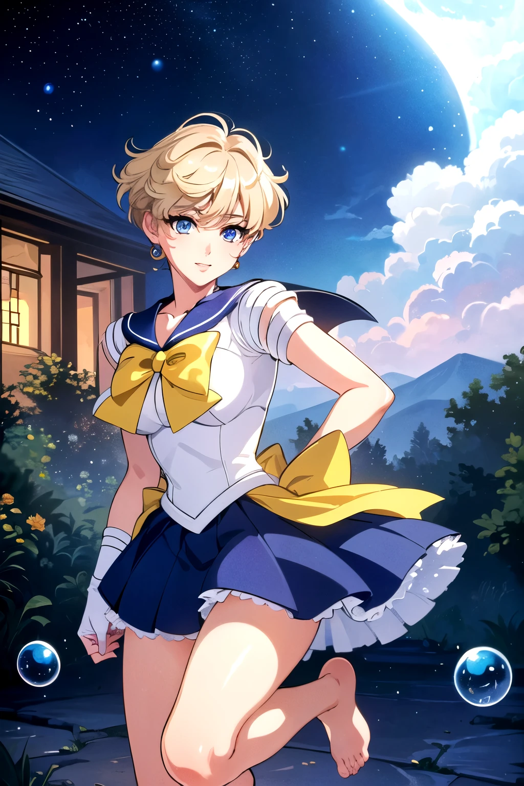 ( top quality :1.3), (masterpiece:1.4),( is entangled with his hands and feet in front of an anatomically correct ), ( total limb),( all the way to the fingertips),(Accurate fingertips), ( details),(8k),Sailor Moon!!!!!!!!, sailor moonスタイル, sailor moon, sailor warrior uniform ,( Sailor Uranus:1.25), yellow ribbon , Blue Brooch, blue skirt,blue ribbon on the back,Dark Blue Eyes , gold hair, mid-shot 、( exquisite face )、(Sera Clothing:1.3) (( software))、((Clean hands))、(( white pears without shoes ))、 blue eyes、 colored contact lenses、Stars in the eyes、((( Colorful Bubbles )))、Colorful glass、( Album Cover ) Expansive Landscape Photos 、( the sky is above when viewed from below 、The field is down )、 a girl standing in the flower garden looks up、( fullmoon:1.2)、(meteor:0.9)、(nebula:1.3)、 Mountain々、tree々 breakcraft art 、(暖かいLight:1.2)、( firefly:1.2)、Light、 lots of purple and orange 、 Intricate Details 、 voluminous lighting for office uniforms、Realism BREAK( masterpieces at the front door of the house: 1.2), ( highest image quality taken by Ki), 4K, super detailed , ( Dynamic Composition : 1.4), very detailed, vivid details , (Rainbow: 1.2), (Glow Lighting, ATMOSPHERE LIGHTING ), dreamy, Magical, (solo: 1.2)