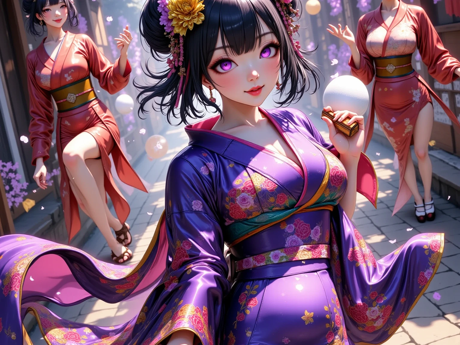  New Year's party scene , multiple beautiful young women ,(masterpiece:1.3, top quality :1.3, very detailed depiction:1.3, Incredible High Definition :1.3,High quality anime drawings),,( brightly colored Japanese kimono :2.0,Vibrant embroidery),( purple eyes, half-closed eye , flashy makeup, black hair, glossy lips, big breasts,Beautiful legs,High quality skin, smiling happily),( scene eating food ,Everyone is eating mochi dishes, New Year dishes ,New Year's gathering ,Toso), not looking at me ,Bird&#39;s-eye view