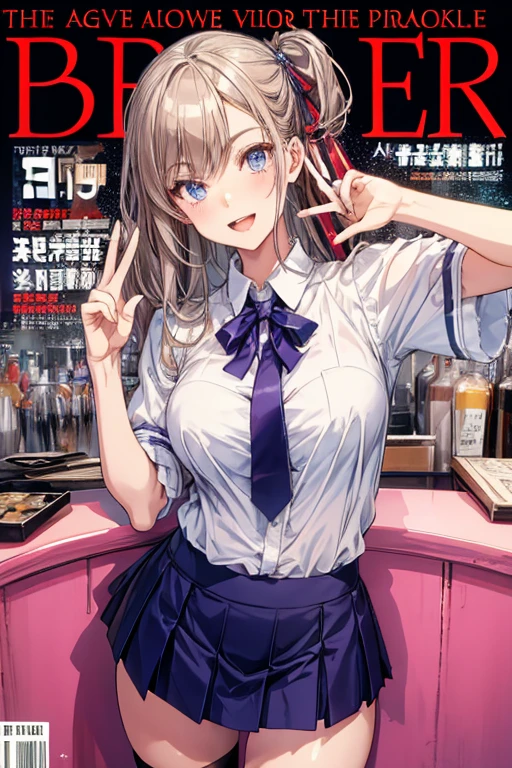 (from below:1.2,Best Quality),a girl , platinum color hair、bartender uniform,Purplish blue eyes that dreamers desire, small stature, medium , Lori face, (masutepiece:1.2, Best Quality), (finely detailed beautiful eye: 1.2), (beautifull detailed face), (perky chest:1.2), (pointed chest:1.1), (bratender magazine cover:1.5)，(ultimate masterpiece),(ultra highest quality),(ultra detailed),highres,ultimate beauty,high saturation,vivid,(cute girl),heart,(thigh highs),(loafers),(skirt),very smile face,open mouth,brown hair,long hair,two side up,ahoge,hair ribbon,(standing,dynamic pose),((✌️)),(making piece sign next to face),indoor background,open mouth, looking at viewer, 