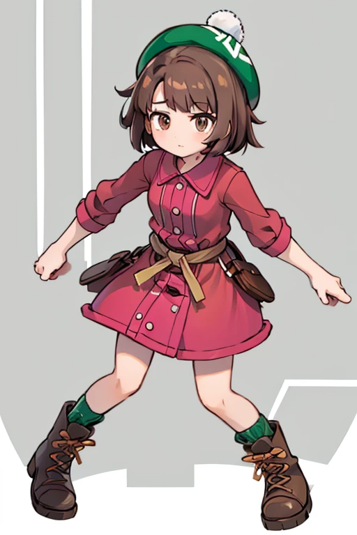 Give me a girl of medium height ,  short brown hair , with brown eyes,  a pink dress with a wide gray poleron with a hat on top of the dress, green hat with pull on top ,  brown boots and green socks , medium curves