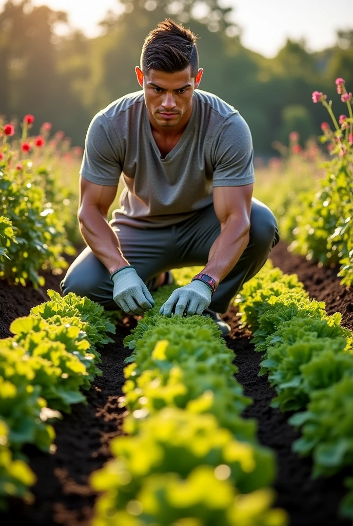 a man cultivating in his garden, detailed portrait, beautiful detailed eyes, beautiful detailed lips, extremely detailed face, hd, 8k, realistic, photorealistic, detailed texture, natural lighting, lush foliage, fertile soil, gardening tools, hard work, peaceful expression, serene atmosphere, warm color tones, golden hour lighting