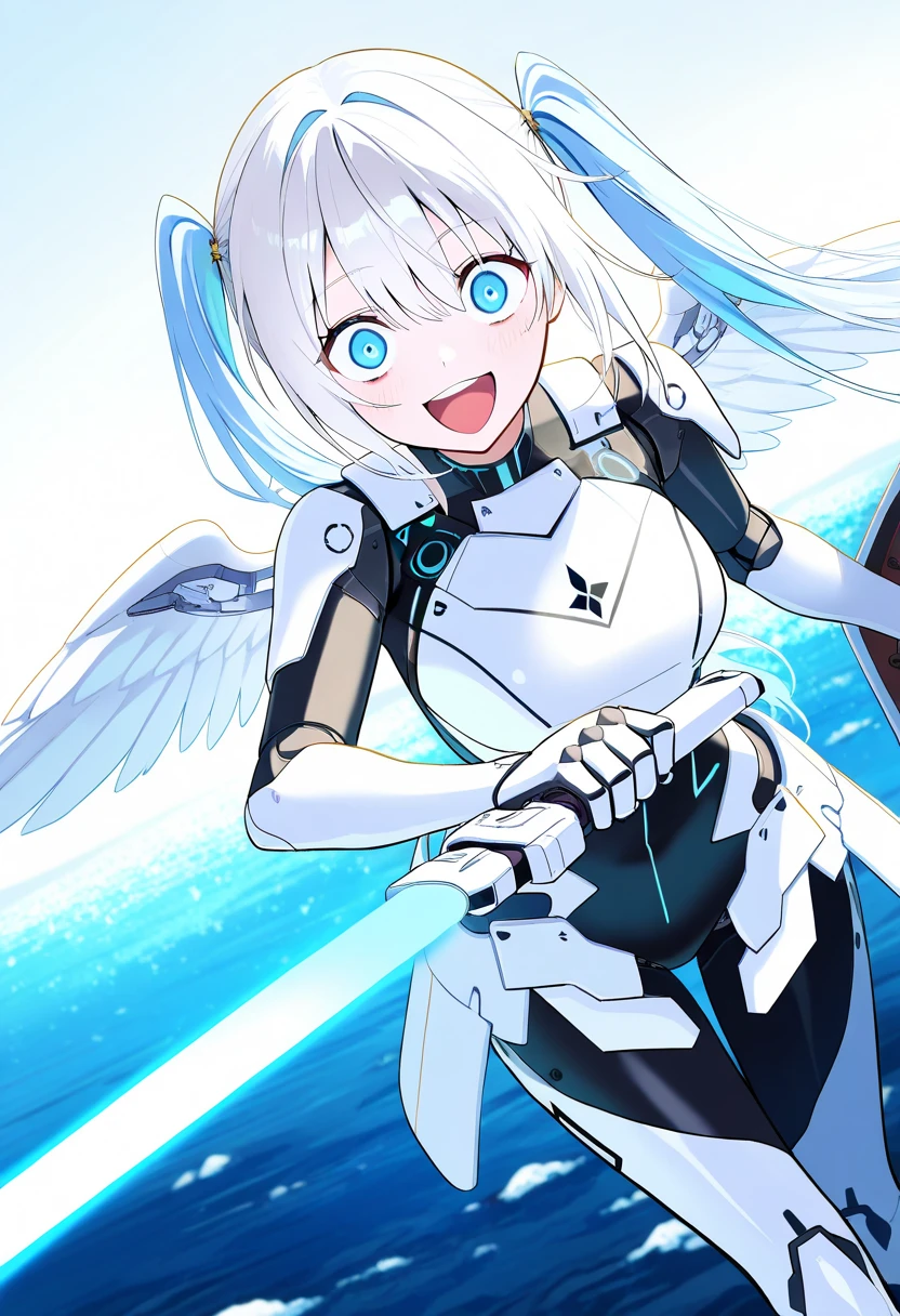 Simple Background, From below, breast enhancement, Open your mouth wide, teeth, Blue and bright eyes, Gray Hair, Ahoge, Shiny Hair, Hair blowing in the wind, Bob Hair, High resolution, Highest quality, High-resolution model, Textured skin, Illustration, Background blur, Blurred, One girl, Gaze, smile,soft,cute,White skin,Transparency,He&#39;s telling me to come here.,Joyful girl