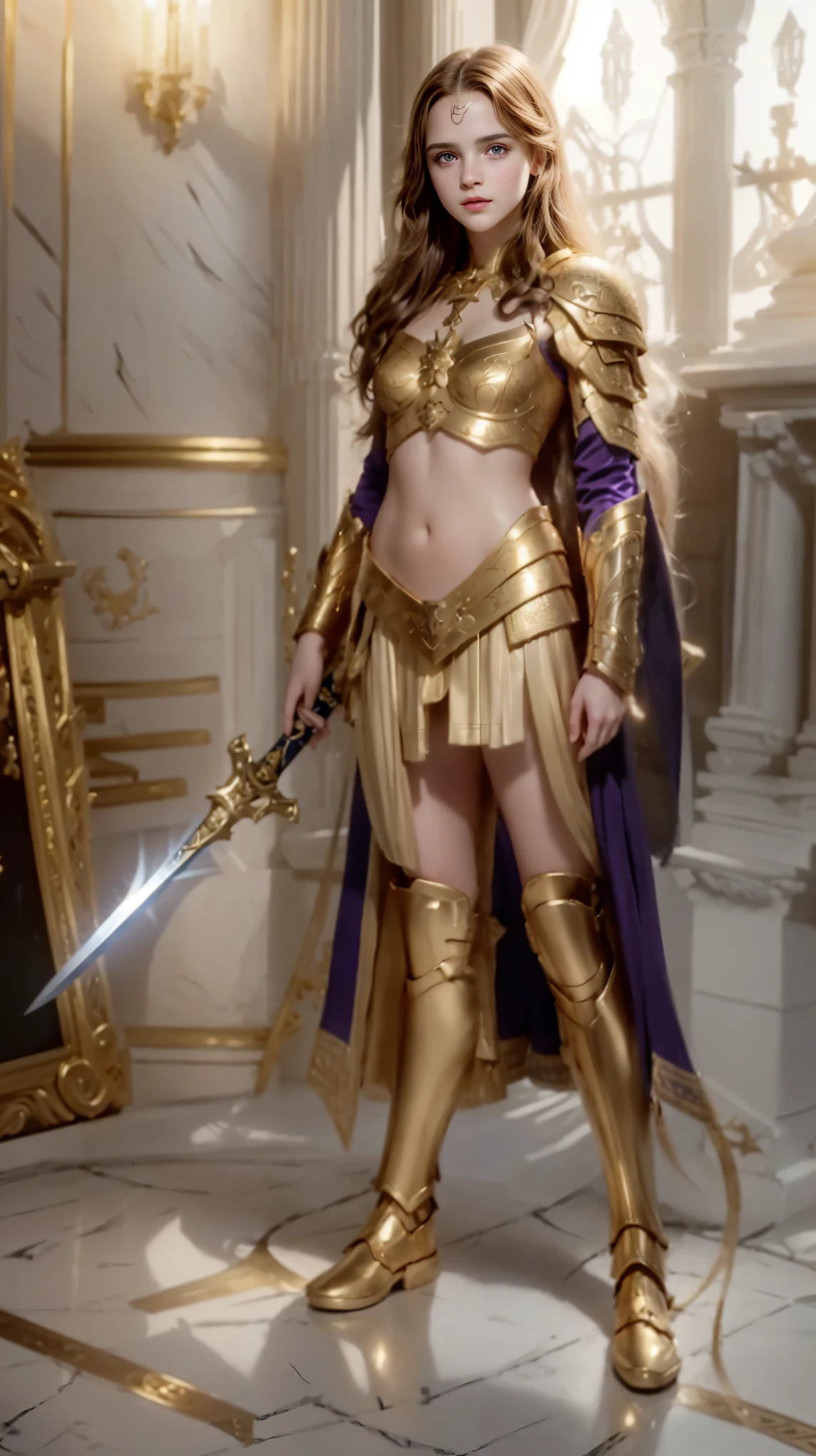 ((foto de  Body inteiro , standing, feet on the ground)) 2 , gal gadot,   ultra-realism  ,   Ultra-resolution, HDR,   Photographic Realism,   heroine pose  ,   holding a sword, woman,   medium breasts ,   long straight hair ,   with golden Scorpion armor with white and red details, Knight of the Zodiac, Athenian golden helmet, black cover, , to fight, 8k,  Body inteiro , gentle smile, frontal shot., Body, 
([ long hair ]:1.8), (Body inteiro:1.8), (Parte superior do Body:0.3), (hyper realistic:1.4), (realistic:1.3), ( best quality real skin texture), olhos  detaileds,  detailed face, Persephone, Persephone, Hyperrealistic, LESS saggy breasts, ( small breasts :1.5), (huge legs:1.5), (LESS THIGHS:1.5),   perfect legs  ,   perfect legs  , legs added , legs added  e perfeitas,   shapely legs ,   shapely thighs, legs added , Smooth thighs. (  erotic pose  :1.5), (   thick eyebrows  :1.2), (big purple eyes:1.2), ( ultra- detailed eyes :1.4), (  high-resolution eyes  :1.1), ( ultra  detailed skin texture:1.4), ( Belo Body tonificado :1.1),  cameltoe

Rosto

proporções Bodyrais, (Chapped lips:1.4), (blush de nariz:1.2), shortening, black cuts, (eye contact),   spectral colors , ultra  High resolution ,  High resolution ,  detailed, Clean face,  (sexy face:1.5), (big purple eyes:1.2), ( ultra- detailed eyes :1.4), (  high-resolution eyes  :1.1), ( ultra  detailed skin texture:1.4), Persephone, Persephone, Persephone,  (Body inteiro:1.8), (Parte superior do Body:0.3), (hyper realistic:1.4), (realistic:1.3), ( best quality real skin texture), olhos  detaileds,  detailed face Hermione_Granger_mother_Watson-4400,  Standing seductive pose，one piece body lingerie, Legs, a lot of dark jewelry：1 emma watson）， true masterpiece， best quality， RAW photography， realisticlying， cute face，(long flowing blond hair), Incredibly Ridiculous res， Beautiful beauty， Ear studs， (Long silver hair，jewelry, litlle demon horn
