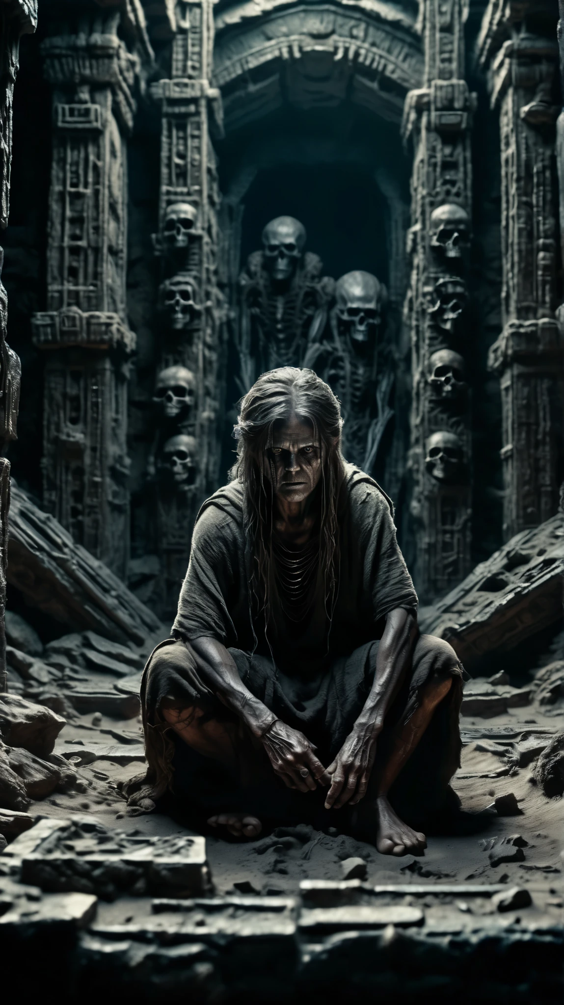 A cinematic film still, captured on 35mm v-raptor XL film stock, featuring a gritty, high-contrast aesthetic with intense film grain, a vignette effect, and precise color grading, evoking the moody, atmospheric feel of a live-action epic, reminiscent of the works of cinematographers like Emmanuel Lubezki and Hoyte van Hoytema, and the gritty realism of film directors like Denis Villeneuve and Ari Aster. HR Giger, Heironymous Bosch, Zdzisław Beksiński. (Out of the darkness), a striking chrome and obsidian woman, otherworldly and sexually attractive to human males, her intricate biomechanical structure is hyper feminine, a detailed and supple amalgamation of chitin and titanium, cybernetic aesthetic, full body, center frame, she squats on the edge of a ruined sarcophagus, gazing at the viewer with dark glittering eyes and a wicked ear-to-eaer sharp toothed grin, in a shadowy ancient burial catacombs background, black shadows, sparse lighting, sexy, claustrophobic, oppressive, terrifying, highly detailed, perfect hands, perfect body, intricate textures, realistic skin pores, extreme focus, deep shadows