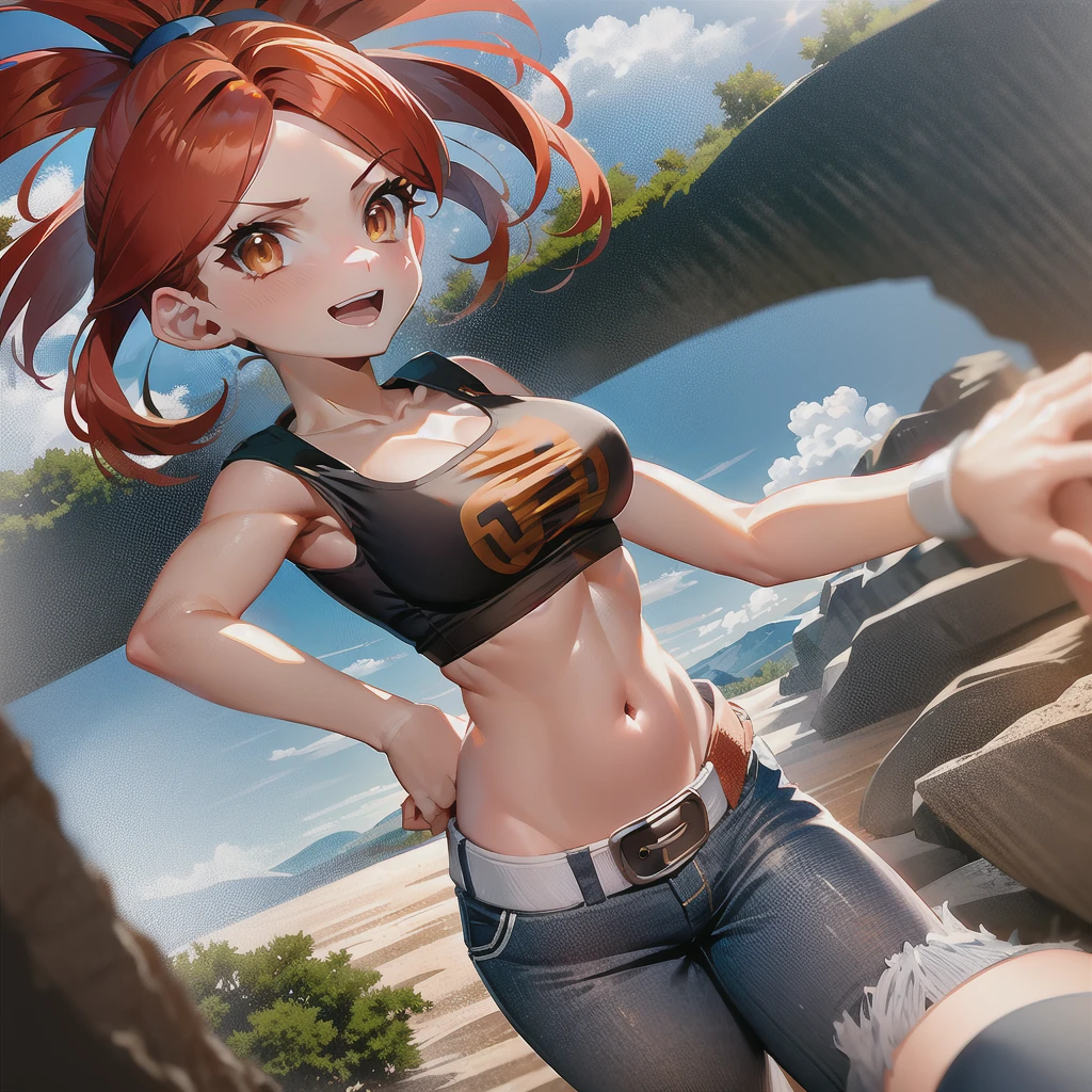 flannery \(pokemon\) , 1 girl , red hair , sports bra , midriff , jean shorts , orange eyes
spa house, hot springs , mountains , town , hokkaido
simple background
