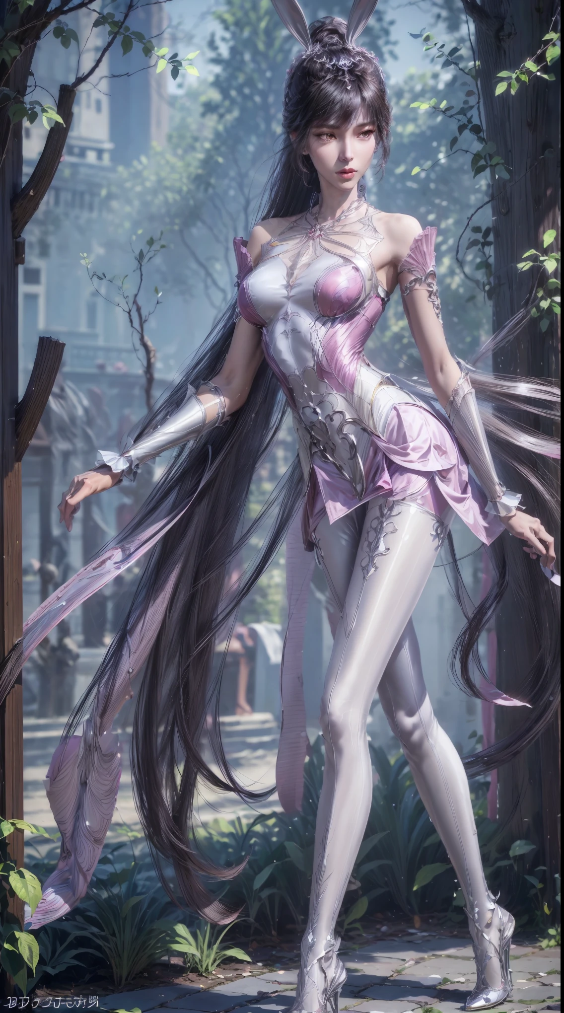 (1girl:1.3), AgainXiaowu, Solo, __body-parts__, Official Art, Unity 8k Wallpaper, Ultra Detailed, Beautiful and Aesthetic, Masterpiece, Best Quality, RAW, Super Fine Photo, Best Quality, Ultra High Resolution, Photorealistic Photorealism, Sunlight, Full Body Portrait, Amazing Beauty, Delicate Face, Vibrant Eyes, (From the Front), Detailed Face, Gorgeous, Highly Detailed Skin, Realistic Skin Details, Visible Pores, Sharp Focus, Volume Fog, 8K uhd, DSLR, high quality, film grain, fair skin, photo realism, brunette hair, brunette hair, breasts, open eyes, split sleeves, skinny, transparent, pink, dress, transparent panties, pink, twisted braid, long braid, jewelry, gold accessories, gorgeous accessories, complex, delicate lips, long hair, medium breasts, outdoor, closed lips, petals, peach blossoms, rabbit ears, pink rabbit ears, ((long slender legs, white pantyhose, standing:1.4)), seductive pose, upper body