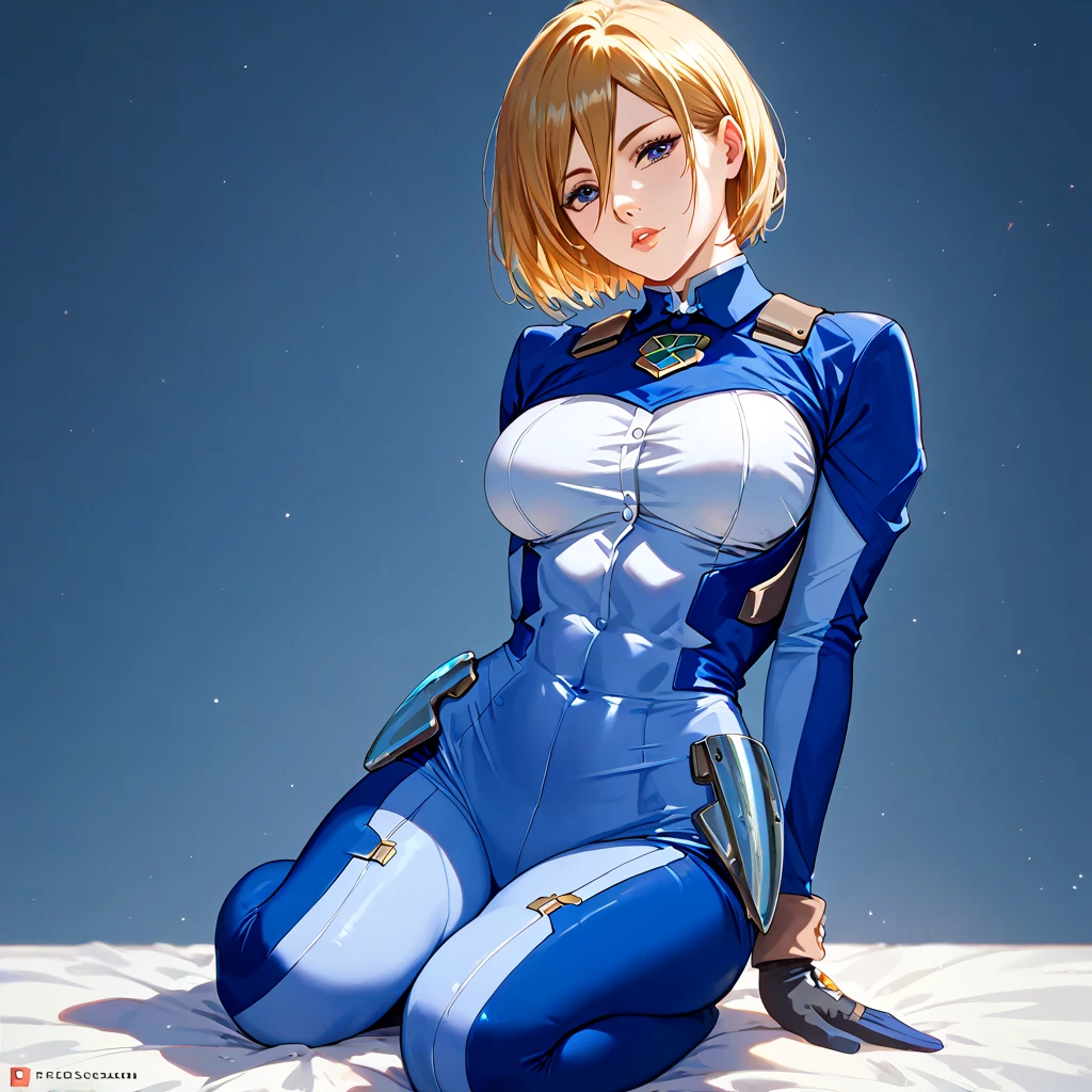 (( top quality )), ((masterpiece)), ( Details), （perfect face）、The dark-haired Mikasa Ackerman wears a blue full-body number suit and poses in a sexy pose showing her whole body