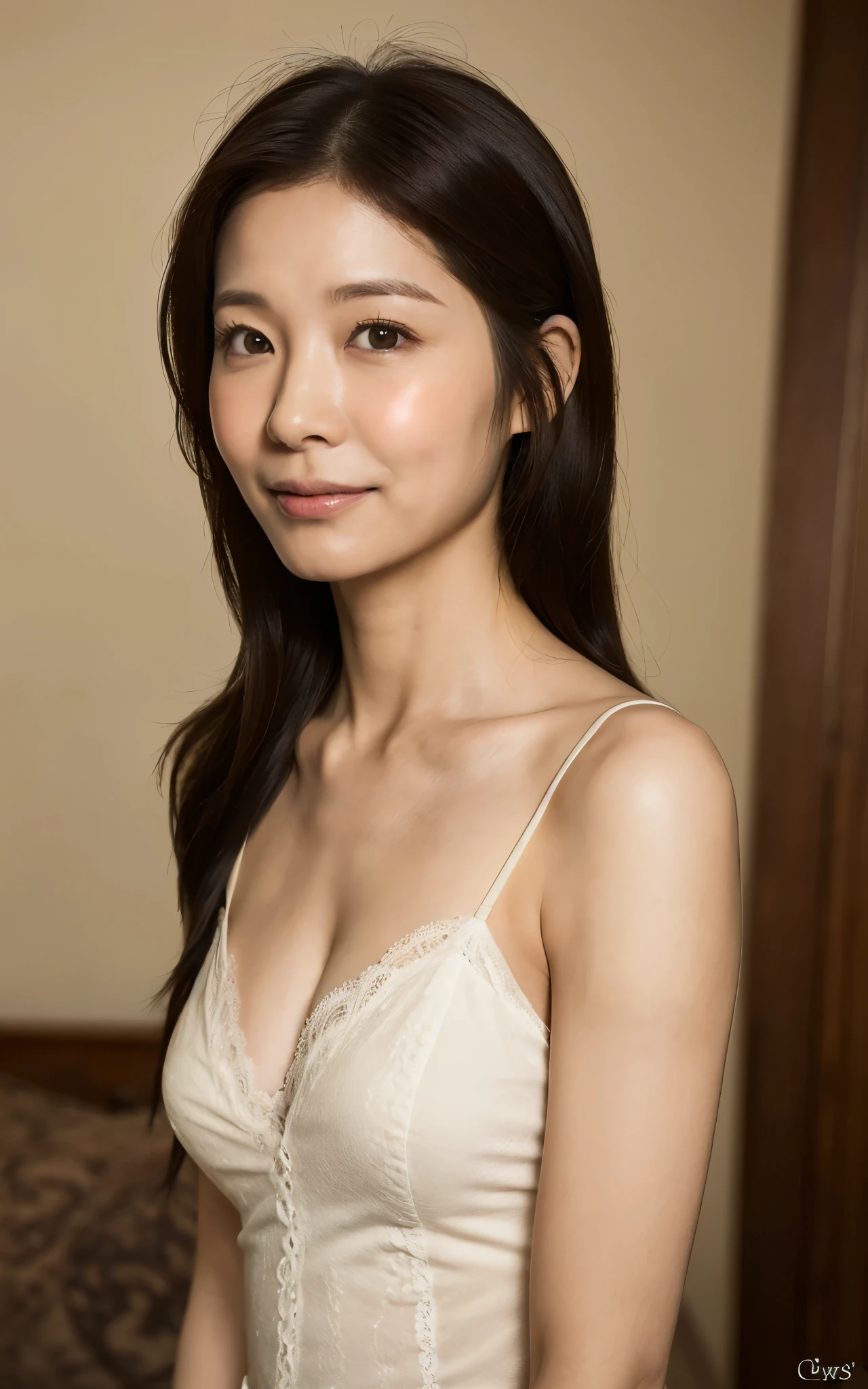 ((Best Quality)), ((8K)), ((Masterpiece: 1.3)), (Perfect Appearance), (Photorealism: 1.6), (A woman in a camisole stands by the bed), Bedroom, night, luxurious furniture, Japanese woman, 47 years old, (realistic skin texture)), (overall skin fine lines: 1.3), (skin dullness: 1.1), (skin without moisture): 1.2 ), (skin wrinkles) Face: 0.9), (crow's feet: 1.2), double eyelids, tear sacs on lower eyelids, serious expression, ( Dimples: 1.2), gentle smile, eyes looking at viewer, long hairstyle, white camisole, lace camisole, (whole body: 1.4), low angle,