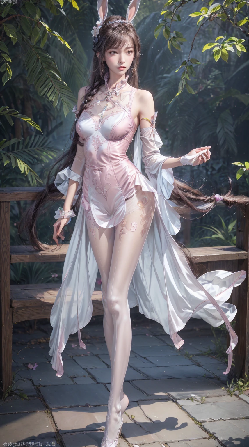 (1girl:1.3), AgainXiaowu, Solo, __body-parts__, Official Art, Unity 8k Wallpaper, Ultra Detailed, Beautiful and Aesthetic, Masterpiece, Best Quality, RAW, Super Fine Photo, Best Quality, Ultra High Resolution, Photorealistic Photorealism, Sunlight, Full Body Portrait, Amazing Beauty, Delicate Face, Vibrant Eyes, (From the Front), Detailed Face, Gorgeous, Highly Detailed Skin, Realistic Skin Details, Visible Pores, Sharp Focus, Volume Fog, 8K uhd, DSLR, high quality, film grain, fair skin, photo realism, brunette hair, brunette hair, breasts, open eyes, split sleeves, skinny, transparent, pink, dress, transparent panties, pink, twisted braid, long braid, jewelry, gold accessories, gorgeous accessories, complex, delicate lips, long hair, medium breasts, outdoor, closed lips, petals, peach blossoms, rabbit ears, pink rabbit ears, ((long slender legs, white pantyhose, standing:1.4)), seductive pose, upper body