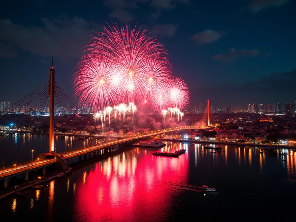 (masterpiece: 1.3), (8k, photorealistic, RAW photo, best quality: 1.4), fireworks, ((rama 8 bridge, thailand, chao phraya river, bangkok skyline)), happy new year 2025, camera angle from top