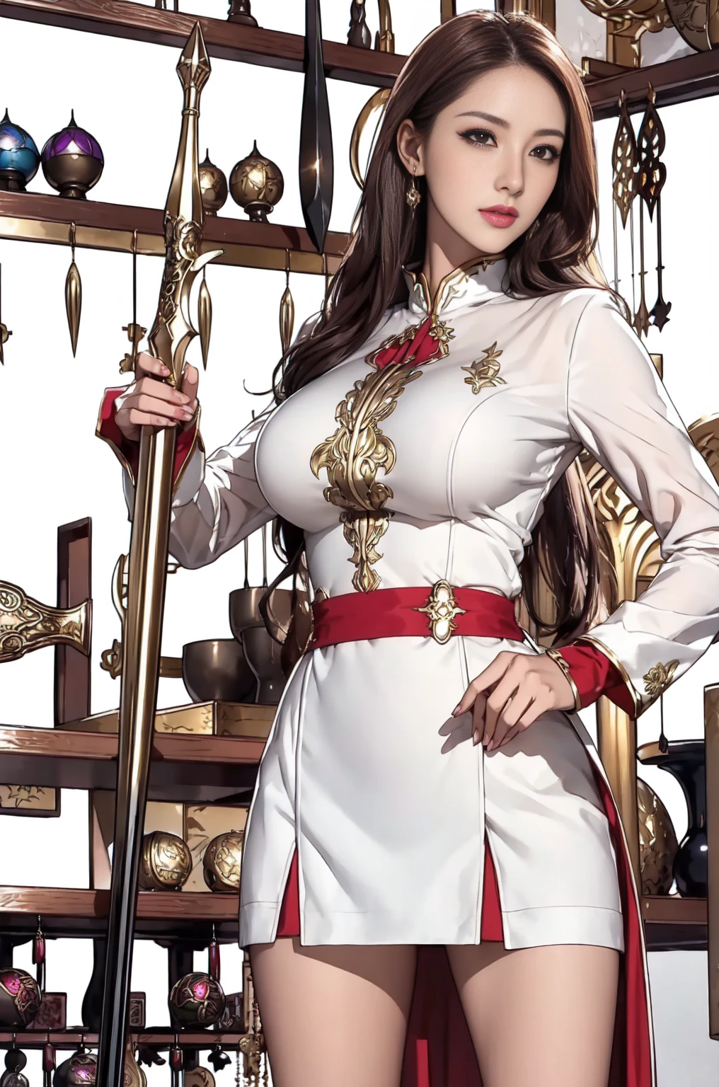 ❨Model standing figure ❩ ((An elegant clerk at an adventure fantasy weapon shop)) Detailed portrait of a woman holding a large weapon in both hands々Standing figure, white and red military uniform with a pencil skirt decorated with precious metals, intricate details, ultra-high resolution, elegant face, superb sex appeal, sexy expression, straight hair, exquisite 5 fingers, an emphasis on beautiful breasts, and a figure that combines sexiness and dignity