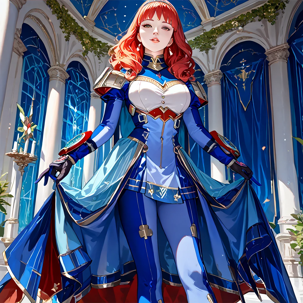 (( top quality )), ((masterpiece)), ( Details), （perfect face）、Red-haired Celica is wearing a blue full-body suit number suit and poses in a sexy pose showing her whole body