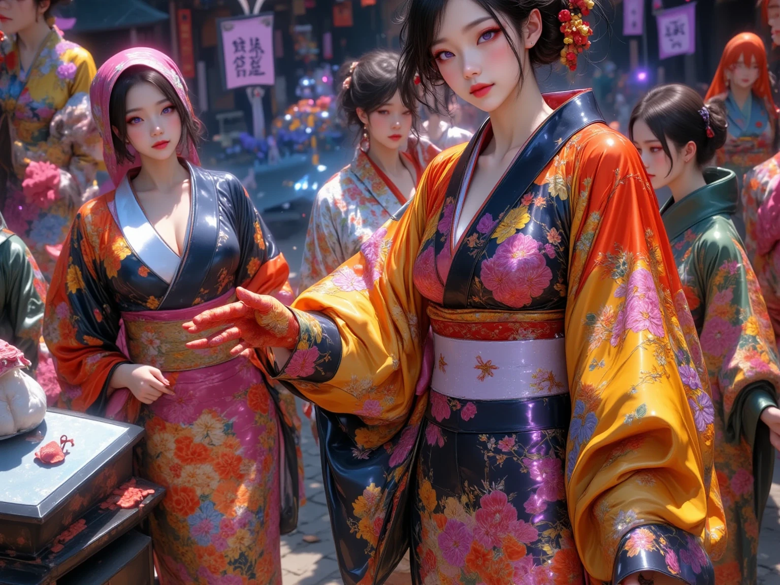  New Year's party scene , multiple beautiful young women ,(masterpiece:1.3, top quality :1.3, very detailed depiction:1.3, Incredible High Definition :1.3,High quality anime drawings),,(Japanese kimono in bright colors:2.0,Vibrant embroidery),( purple eyes, half-closed eye , flashy makeup, black hair, glossy lips, big breasts,Beautiful legs,High quality skin, smiling happily),( scene eating food ,Everyone is eating mochi dishes, New Year dishes ,New Year's gathering ,Toso), not looking at me ,Bird&#39;s-eye view