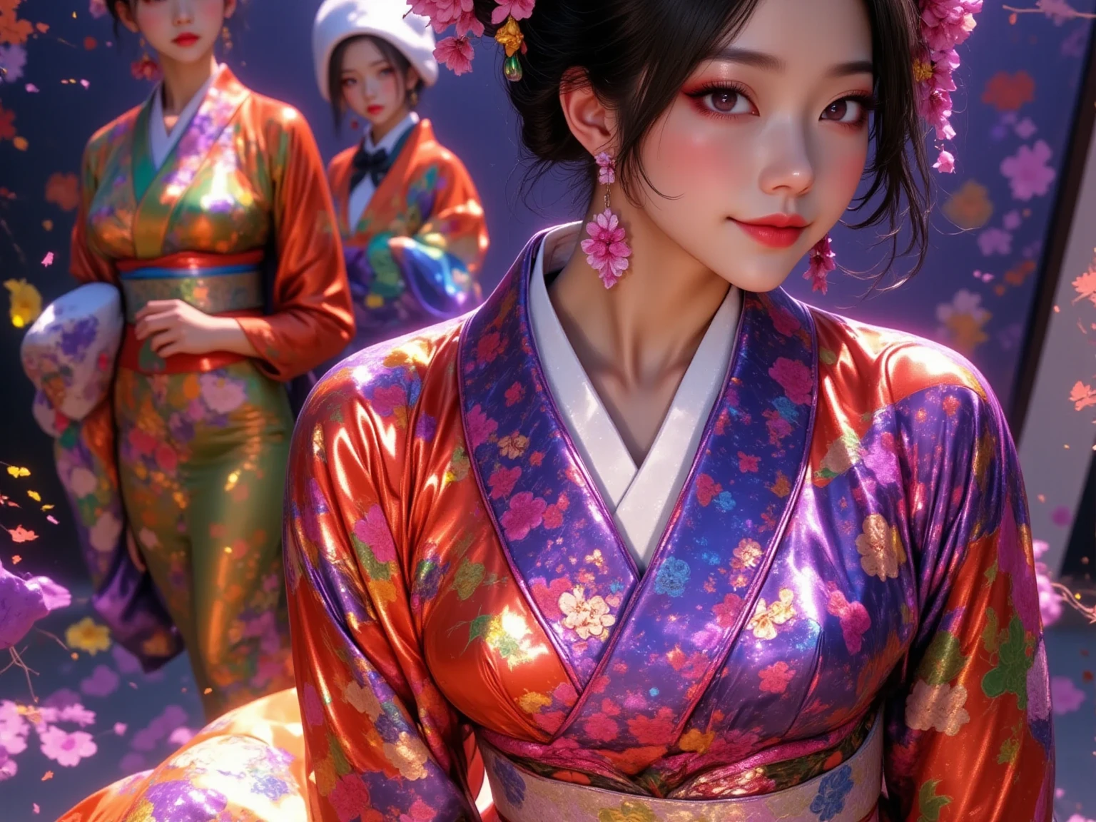  New Year's party scene , multiple beautiful young women ,(masterpiece:1.3, top quality :1.3, very detailed depiction:1.3, Incredible High Definition :1.3,High quality anime drawings),,( brightly colored Japanese kimono :2.0,Vibrant embroidery),( purple eyes, half-closed eye , flashy makeup, black hair, glossy lips, big breasts,Beautiful legs,High quality skin, smiling happily),( scene eating food ,Everyone is eating mochi dishes, New Year dishes ,New Year's gathering ,Toso), not looking at me ,Bird&#39;s-eye view