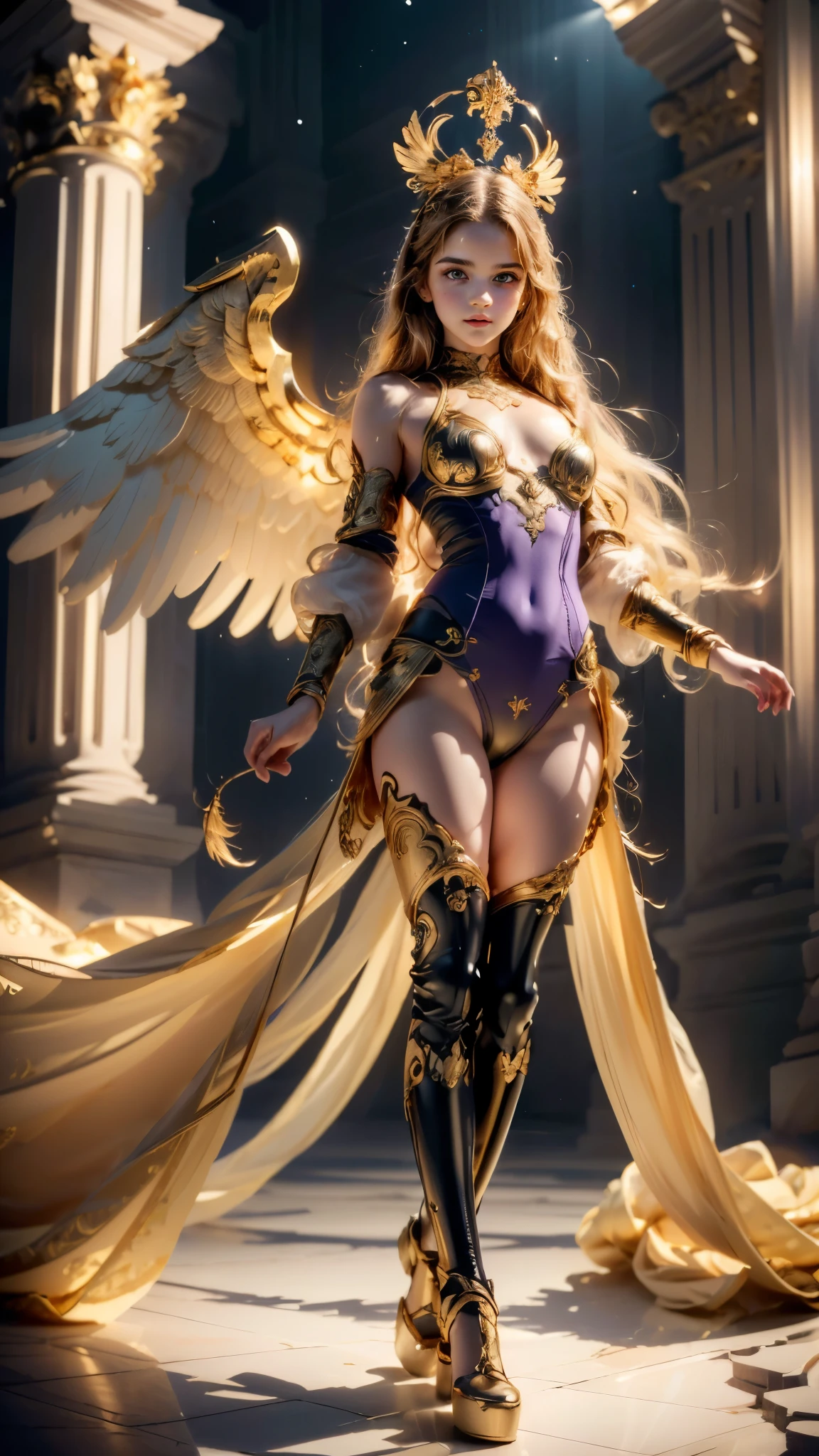 ( Absurd, high quality, Super detailed, masterpiece, Concept Art, Smooth, Very detailedなアートワーク, (((front light))),(( pov)),((((front lighting)))),(Photorealistic: 1.4), (masterpiece, Beautiful and slim nak.2), Perfect proportions, Big Brea waist,,((Thin waist and slim thighs)),(((Two blonde, blue-eyed European girls))),((Holding a long golden spear)),((Golden armor is worn on both thighs.)),((Smiling Girl)),((The big wings of the archangel)),((Equipped with a shield on the arm)),((Spread your big angel wings wide)), ((Saluting with a golden rifle)),((Front lighting)),((The body is naked)),((Equipped a shield on the arm)), Ultra-realistic capture, Highly detailed, High resolution 16k close-up of human skin. Skin texture must be natural, ((Medium Shot)),((West Shot)),((((Forward light))),((((Elegant nude elegant girl)))) ,(nder naked)),((Two skinny naked gof European descent)) nude figure facing the viewer))),(((Smbreasts and exposed genitals))),(Young gires her genitals))),(ighs and head fit within the screen)w from head to thigh))),((Beautiful and balanced body)),((Do not show anything below the thighs)),((bottomless)),((topless)),((The left and right arms and left and right thighs are equipped with golden armor.)),((ass pov)),(((from front))),(((cowboy shot))),(((standing pose))),to realistic,master piece,((ultra detailed)),looking at viewer,smile,photorealistic,Shiny baby blonde silk hair,((She has a large hair ornament and golden armor on her belly.)),((Looking at the viewer from the front)), (((Young face and young body)),((Looking horizontally at the viewer)),(Exposing the viewer to full frontal nudity),((Face forward and look at the viewer at the same height)),(your naked body to the viewer with your hourglass figure)),(((Wearing a large g hair ornament))),No underwear ,((((Naked elegant and graceful girl)))) ,((Naked from head to thighs))、((No underweatsoever))、((Head to knee nude shot)),(tiful hourglass figure)),((Wearing a cape)),((Beautiful style)),Beautifnd detailed character art, Very detailed, Girl in shiny armor, Beautiful white and shining skin, Unparalleled beauty, ((Shiny baby blonde silk hair)),Realistic, 3D Face,Shiny Hair, Glowing Skin,((Thin Hair,No makeup,Brilliant Light)),Fantasy,Beauty products,Very detailedな顔のテクスチャ女性,Soft natural light,Create a dreamy and magical atmosphere.