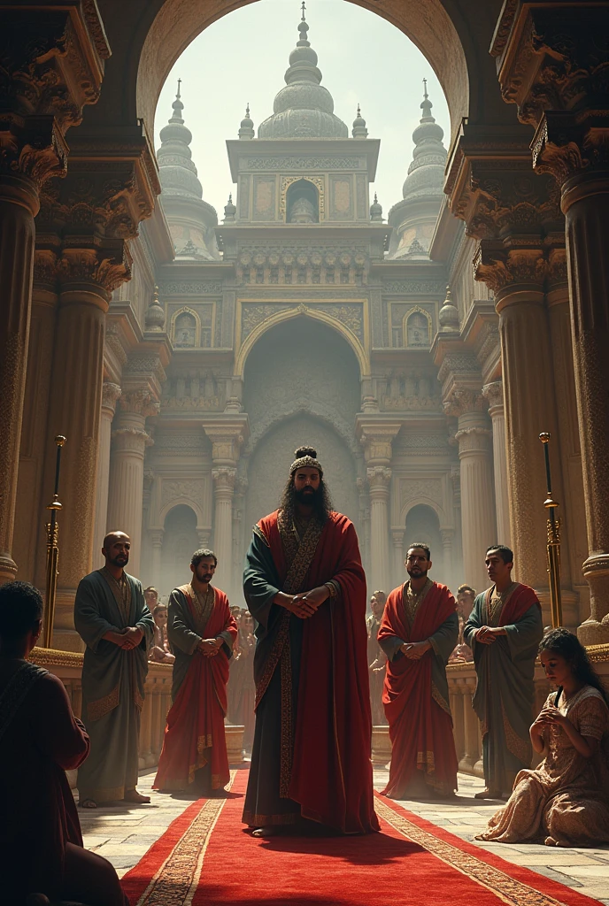 Generate a high quality interior of an indian palace with big windows without mirror and curtain closing, the indian palace king having bodybuilder physic and long hairs  scolding and ordering his all male servents  standing with anger standing in front of them giving order, the king is pointing finger toward only male servents,