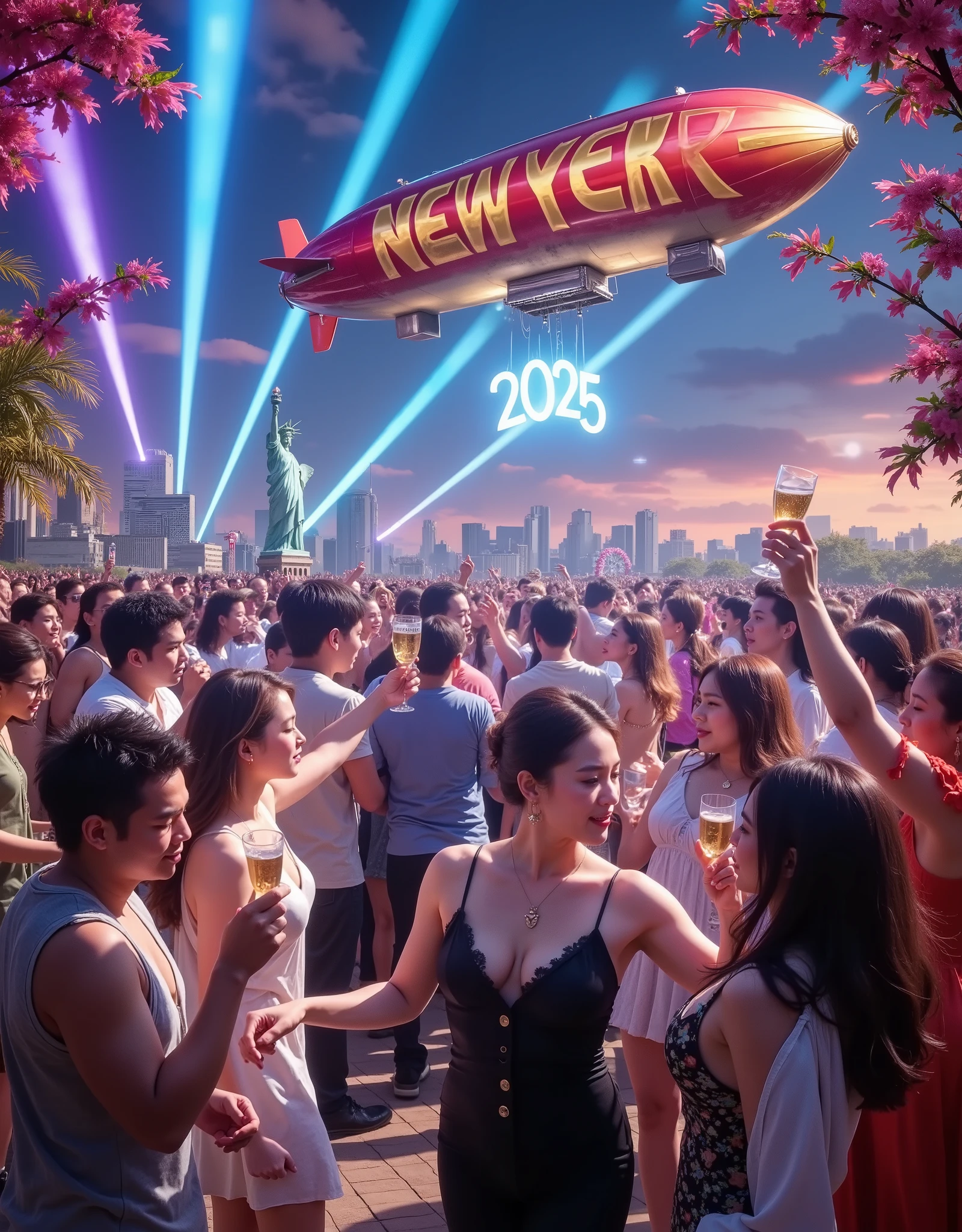 8K resolution, masterpiece, Highest quality, Award-winning works, countdown party, 2025 new year, new year concert, dance party, friends, men and women, toast, Airship towing "happy new year 2025" banner, cocktail beam, laser beam, New York Manhattan, Statue of Liberty