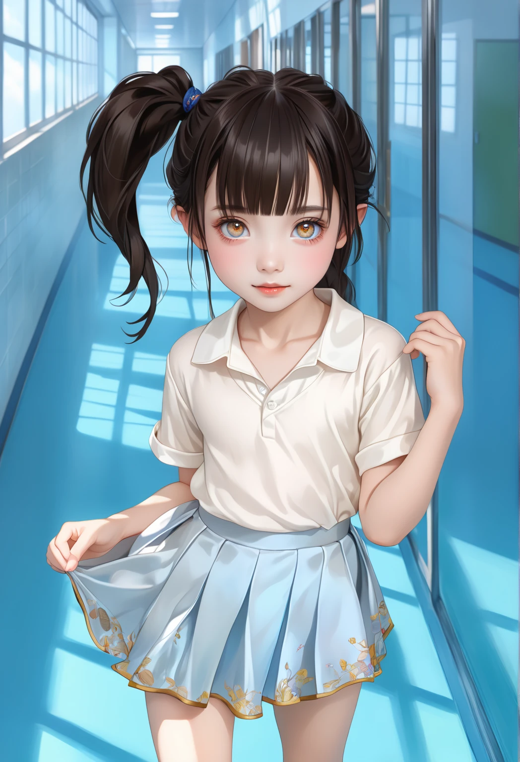 8K, best quality, ((7yo girl)), cute, ((flat chest like a boy)), (shiny black hair worn in a side ponytail), perfect hair, dark brown eyes, (Petite body:1.2), slender arms, small waist, lean legs, narrow hips, detailed, intricate, big eyes, beautiful lighting, natural light, haughty, (((side pigtail:1.2))), short stature, (femboy), clothed, small hips, High-angle shot, looks up at viewer, (adorable face), hyper-realistic, lifelike texture, (highly detailed face:1.4), perfect eyes, realistic iris, perfect teeth, (colorful reflections in the eye), ((1 boy)), East Asian, Japanese, pale porcelain skin, almond shaped eyes, graceful, delicate features, sky-blue pleated skirt, white blouse with simple collar, school hallway 