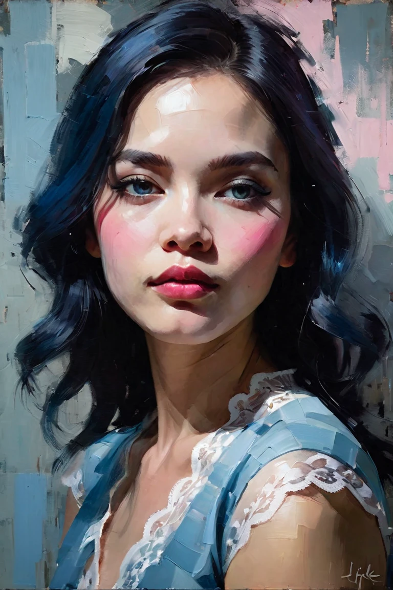 Create a contemporary portrait of a beautiful woman, with Traditional Burmese white lace dress, in the
expressive and painterly style of Malcolm Liepke,
utilizing a palette of light pink, muted blue, dark
grayish blue, bright blue, very dark gray, and
light grayish blue.The portrait should feature a
close-up of the subject's face with strong,
dynamic
brushstrokes and a focus on capturing
the depth and texture characteristic of
Liepke's work. Use light pink and bright
blue for the highlights and vibrant
areas,while employing muted blue, dark
grayish blue, very dark gray, and light
grayish blue to create shadows and
depth. Ensure the background
complements
the portrait with subtle variations of the
same color 
palette, evoking a sense of modern
elegance and
emotional intensity