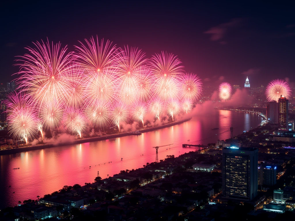 (masterpiece: 1.3), (8k, photorealistic, RAW photo, best quality: 1.4), fireworks, ((chao phraya river curve, bangkok skyline, thailand)), happy new year 2025, camera angle from top