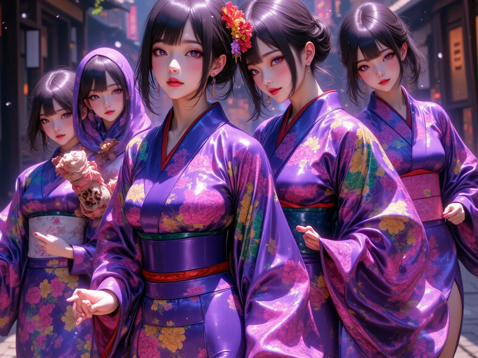  New Year's party scene , multiple beautiful young women ,(masterpiece:1.3, top quality :1.3, very detailed depiction:1.3, Incredible High Definition :1.3,High quality anime drawings),,(Japanese kimono in bright colors:2.0,Vibrant embroidery),( purple eyes, half-closed eye , flashy makeup, black hair, glossy lips, big breasts,Beautiful legs,High quality skin, smiling happily),( scene eating food ,Everyone is eating mochi dishes, New Year dishes ,New Year's gathering ,Toso), not looking at me ,Bird&#39;s-eye view