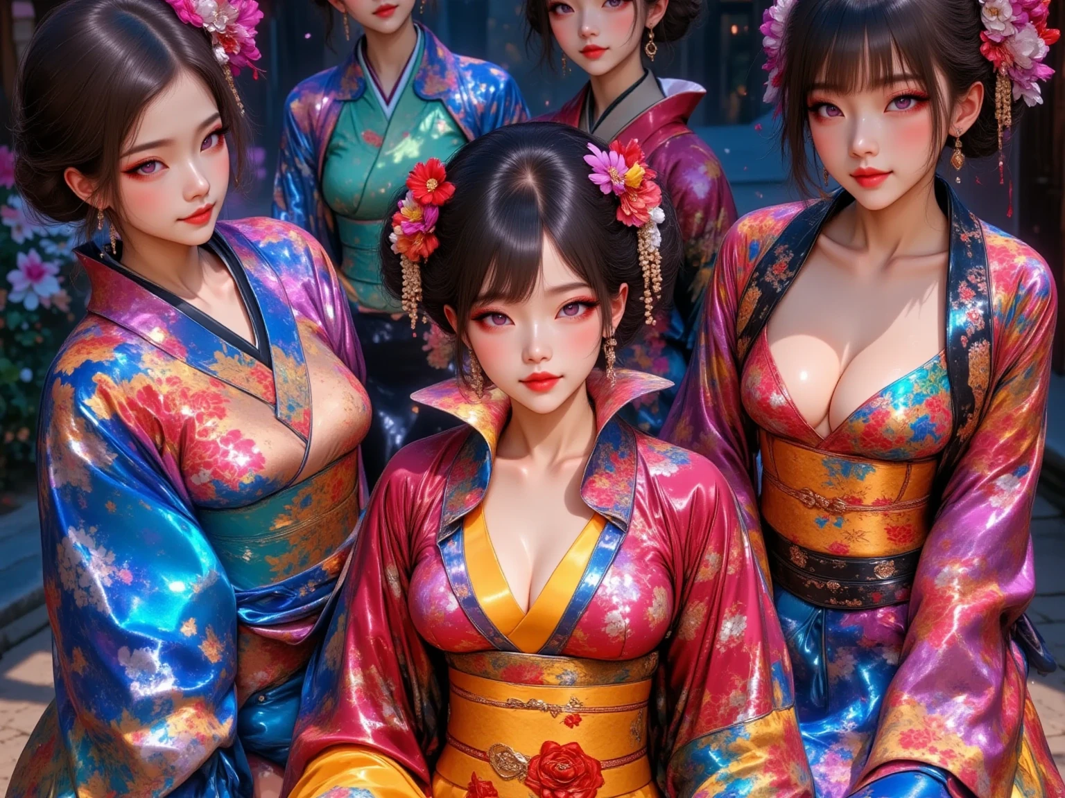  New Year's party scene , multiple beautiful young women ,(masterpiece:1.3, top quality :1.3, very detailed depiction:1.3, Incredible High Definition :1.3,High quality anime drawings),,(Japanese kimono in bright colors:2.0,Vibrant embroidery),( purple eyes, half-closed eye , flashy makeup, black hair, glossy lips, big breasts,Beautiful legs,High quality skin, smiling happily),( scene eating food ,Everyone is eating mochi dishes, New Year dishes ,New Year's gathering ,Toso), not looking at me ,Bird&#39;s-eye view