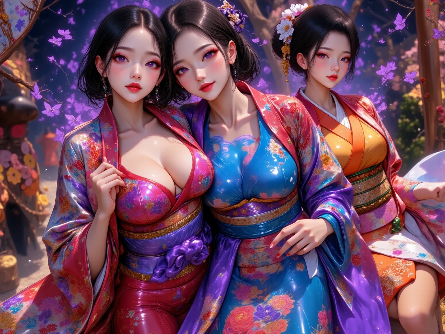  New Year's party scene , multiple beautiful young women ,(masterpiece:1.3, top quality :1.3, very detailed depiction:1.3, Incredible High Definition :1.3,High quality anime drawings),,( brightly colored Japanese kimono :2.0,Vibrant embroidery),( purple eyes, half-closed eye , flashy makeup, black hair, glossy lips, big breasts,Beautiful legs,High quality skin, smiling happily),( scene eating food ,Everyone is eating mochi dishes, New Year dishes ,New Year's gathering ,Toso), not looking at me ,Bird&#39;s-eye view